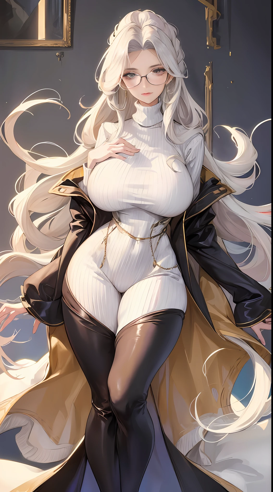 wind coat, Tall and long legs, Beautuful Women, Mature woman, Perfect face shape, Big breasts teacher, long whitr hair, rimless eyewears, One person fills the picture, The upper part of the body, incomparably huge boobs, A chunky sweater with a high neck wraps around the chest, skinny pants