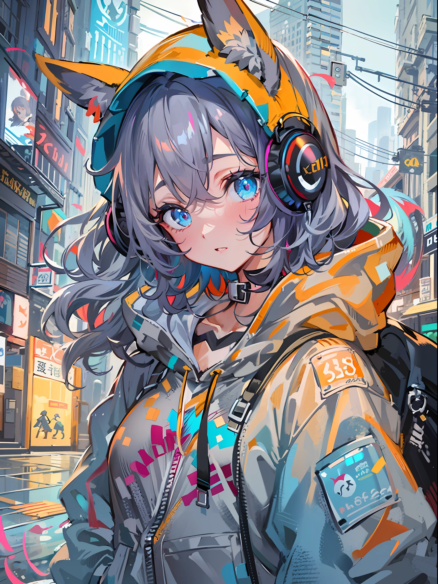 8K分辨率、((top-quality))、((masterpiece))、((ultra-detailliert))、1 woman、独奏、incredibly absurdness、Oversized hoodies、headphones、Street、plein air、Sateen、neons、Shortcut Hair、Brightly colored eyes、Hands in pockets、shortpants、water dripping
