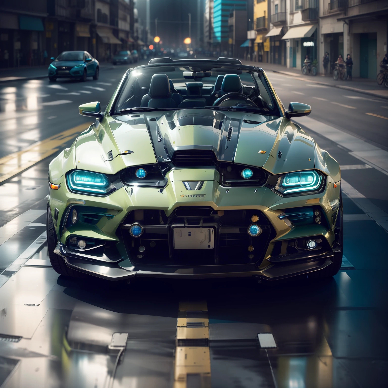 "convertible car , ultra detalhado, cores vibrantes ,isometric view, perspective view, raios cinza e branco, azul, verde, moderno e futurista.", fundo cinza desfocado, isometric view, perspective view