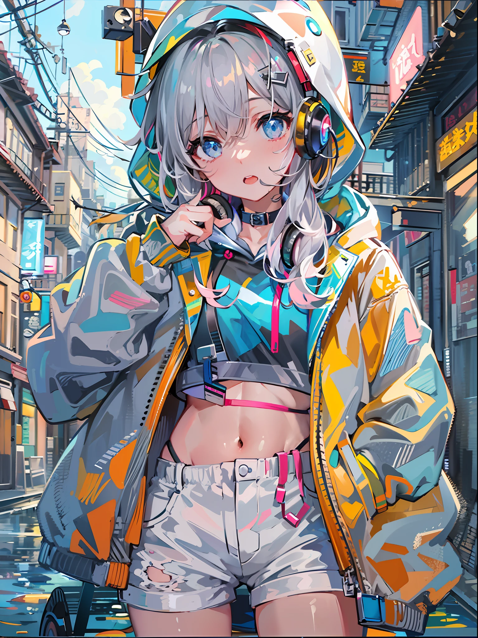 8K分辨率、((top-quality))、((masterpiece))、((ultra-detailliert))、1 woman、独奏、incredibly absurdness、Oversized hoodies、headphones、Street、plein air、Sateen、neons、Shortcut Hair、Brightly colored eyes、Hands in pockets、shortpants、water dripping