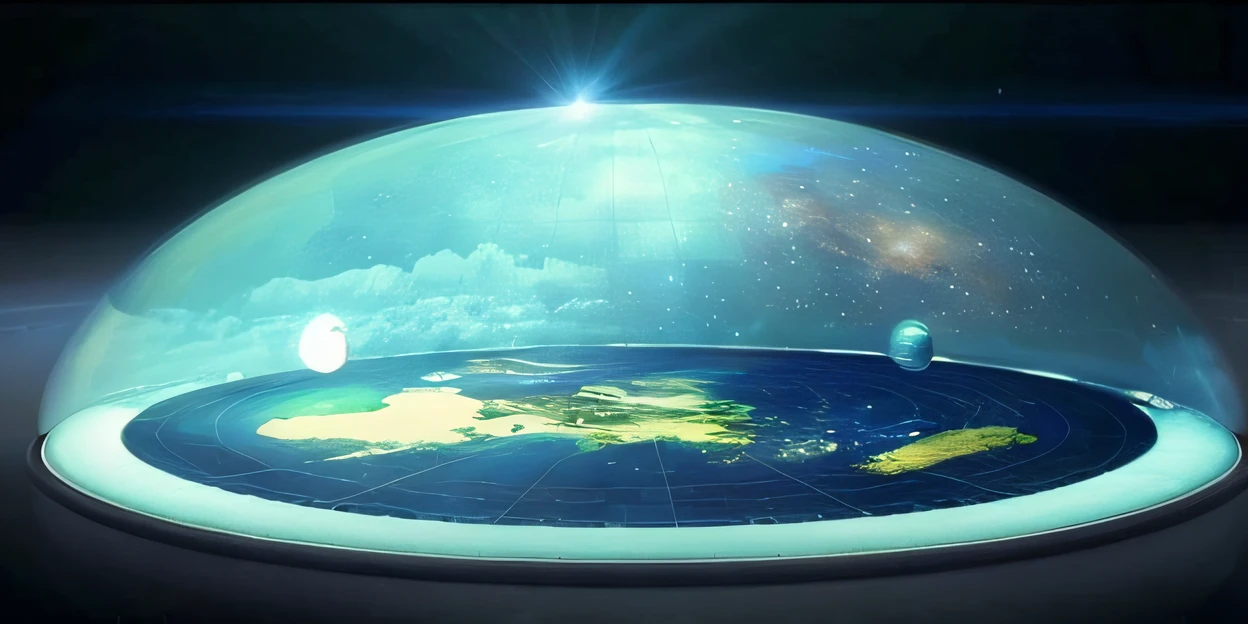 A close-up of a glass dome with a view of Earth, Flat Earth Theory, Tierra plana, Heaven Planet en el fondo, Espacio liminal en el espacio ultraterrestre!!!, Giant glass dome in space, El interior de un OVNI, Skydome fresco, Tierra hueca, en un futuro lejano, It would take place in space, fulldome, circular planet behind him