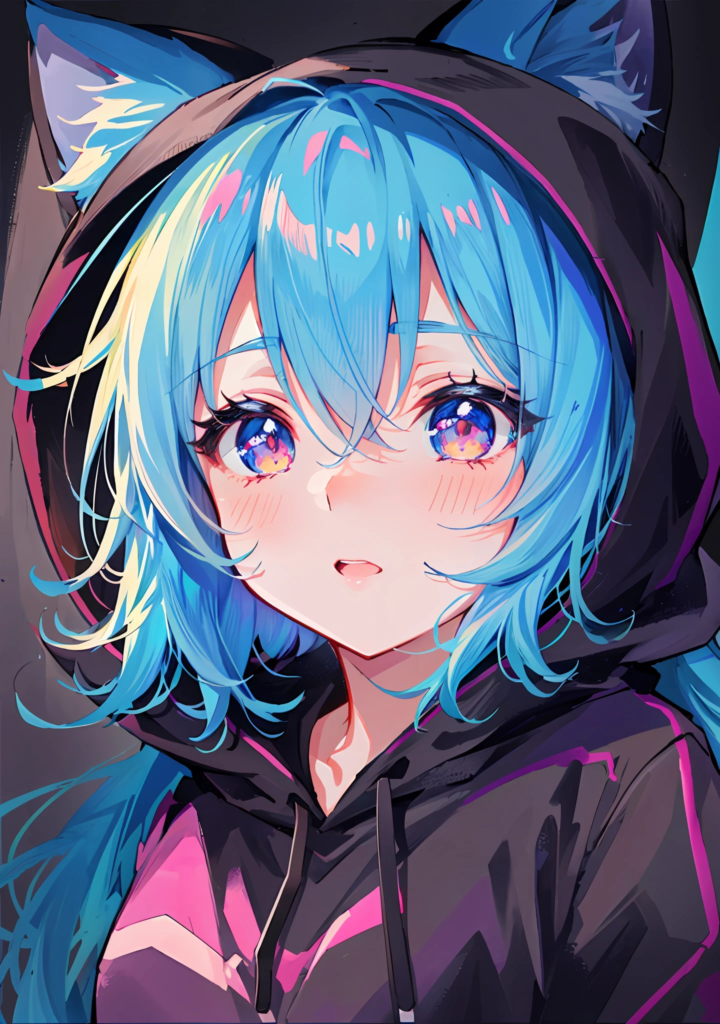 Anime girl with hoodie with blue hair and cat ears, anime moe art style, anime style 4 k, anime style portrait, portrait of cute anime girlbabes, kawaii realistic portrait, Anime style. 8K, portrait of cute anime girlbabes, portrait of anime girl, digital anime illustration, Portrait Anime Girl, Anime girl with cat ears, extremely cute anime girl face