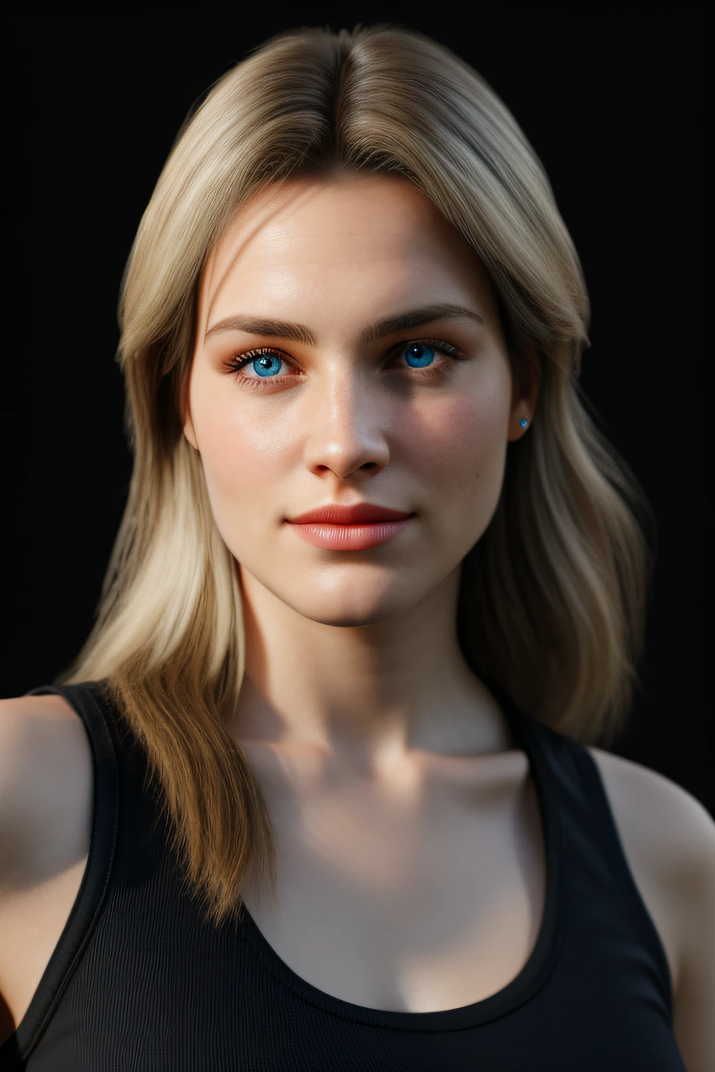 masterpiece, best quality, highres, 1girl, helena, beautiful girl, long blonde hair, transparent background, black tank top, chesty, big boobs, cute face, 4k photorealistic unreal engine