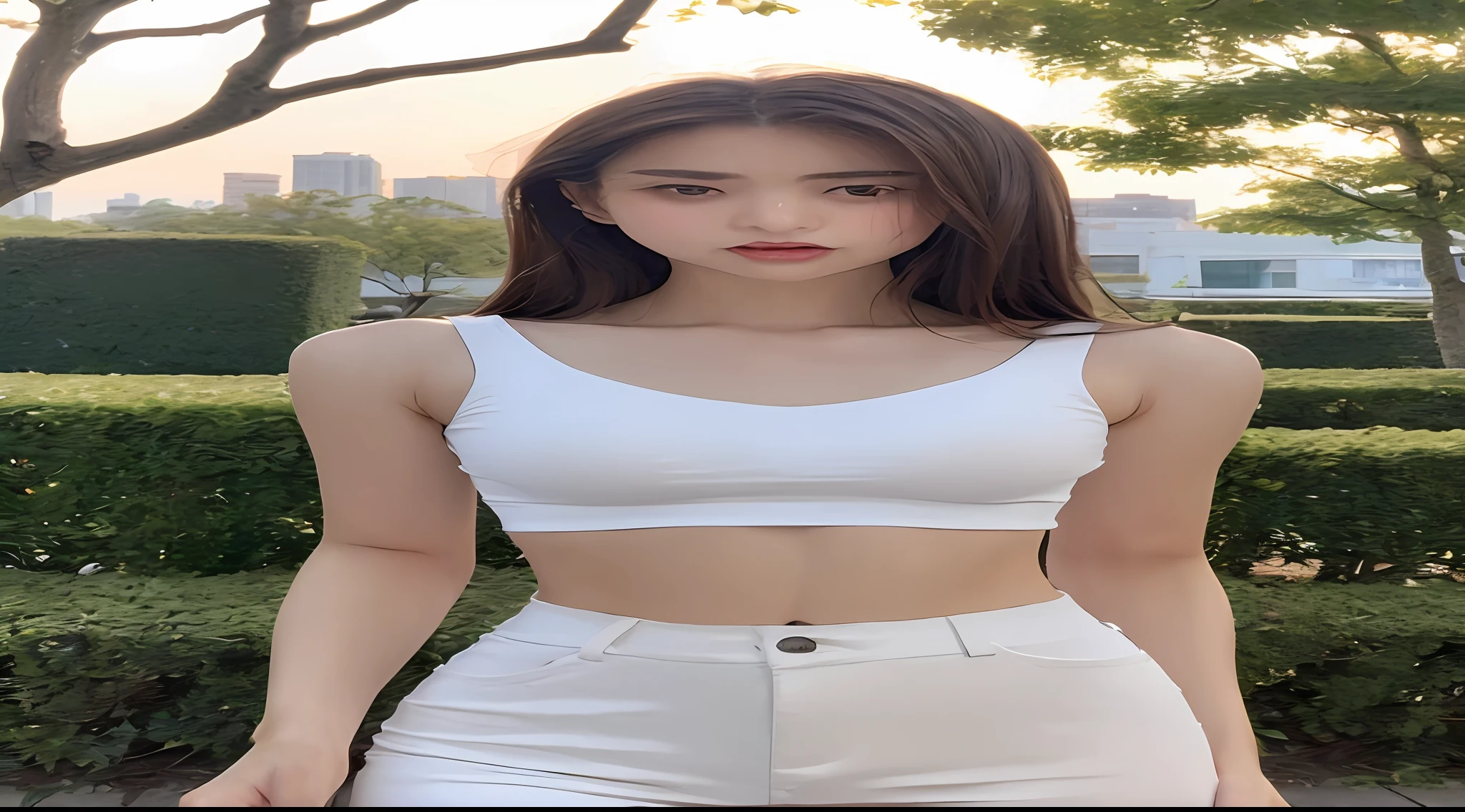 ((Realistic lighting, best qualtiy, 8k, tmasterpiece:1.3)), sharp fokus:1.2, 1girl, Beautiful Women with Perfect Figure:1.4, Slim abs:1.1, ((dark brown hair)), (White crop top:1.4),(exteriors,),Park view,Ultra-fine face,Fine eyes,二重まぶた,Only the upper body is shown