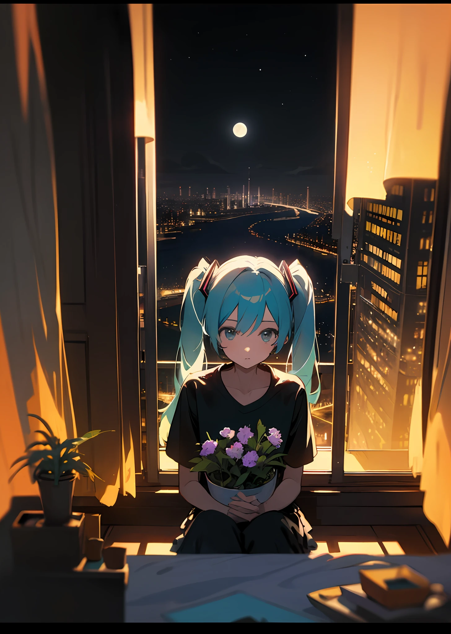 miku hatsune、独奏、sitting on、messy room、Looking into the distance、Black Rock T-Shirt、dark、City view at night from the window、darkened room、Flower pots on the windowsill、potted plant、Tulle transparent curtains、River embankment、along the river、Socialist classicism、highrise buildings、city light、Cityscape、a moon、​​clouds、Black sky、Lonely silhouette by the window、Lonely look、gazing into distance、