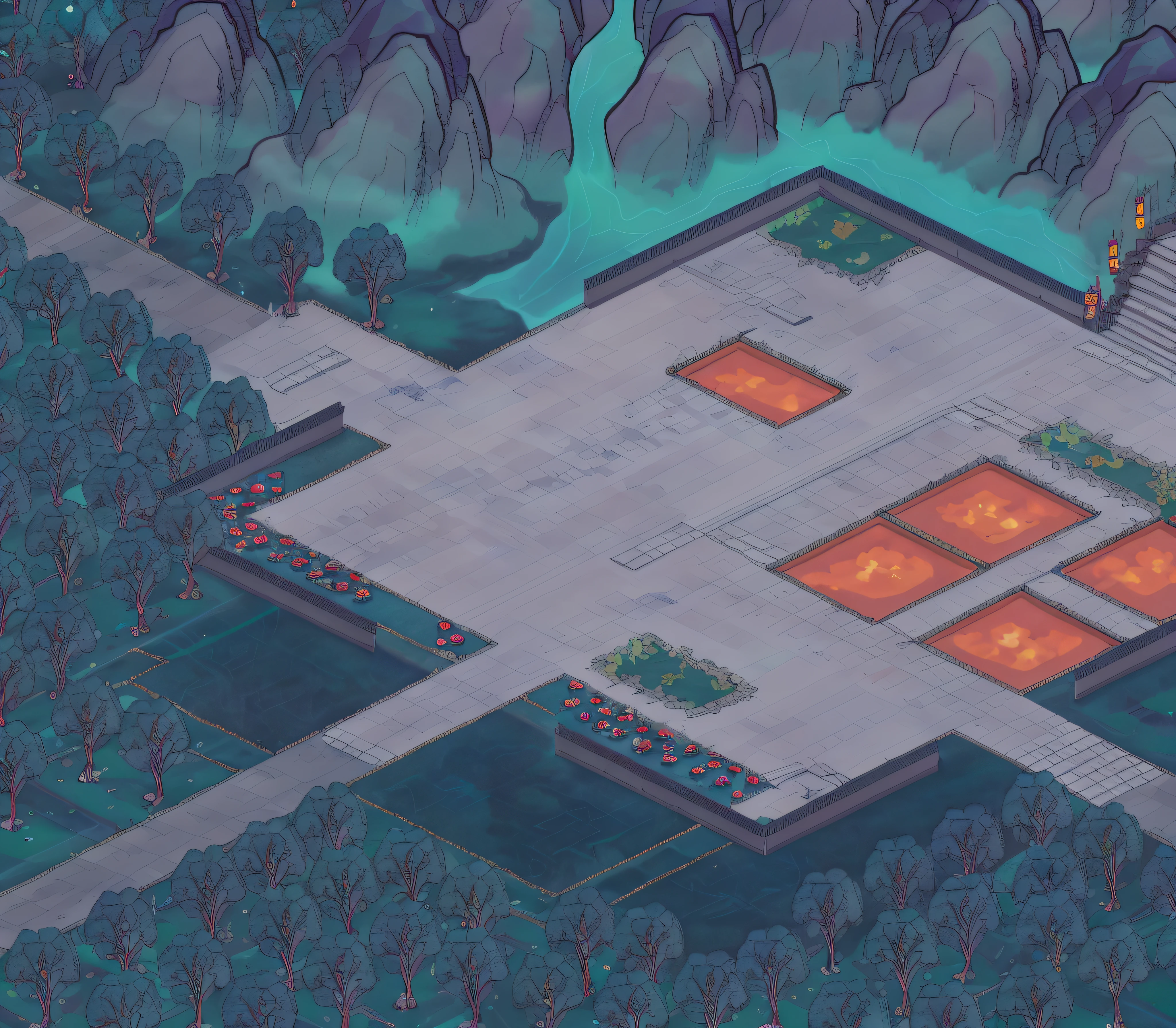 Isometric map, an isometric fantasy map, Incredible isometric map, 2d game environment design, hyper detailed scene, background hyper detailed, isometric game art, isometric game, Complex detailed environment, dojo on a mountain, isometric 2 d game art