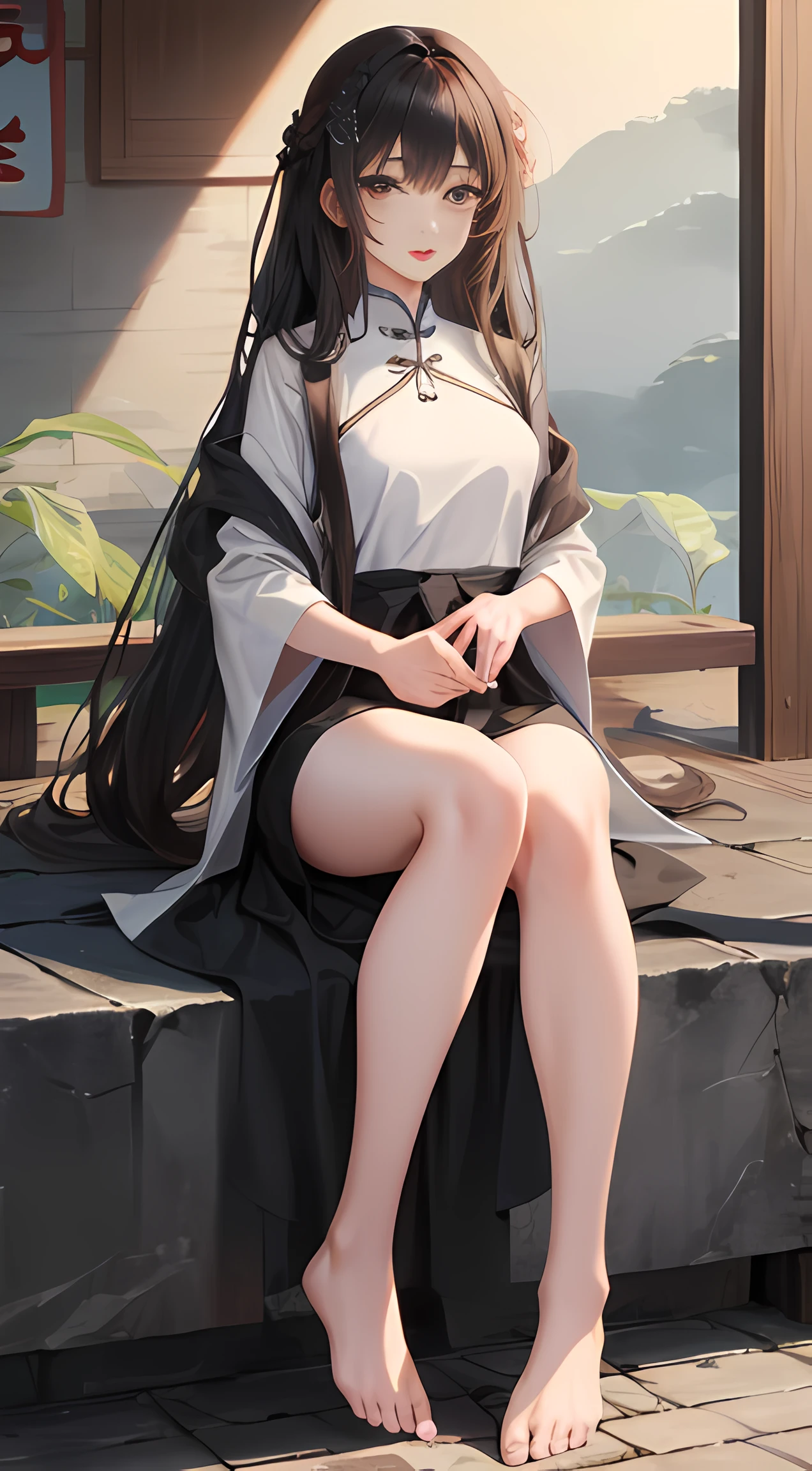 1 girl, Long hair, Black hair,(Wash feet with milk),China-style,asiagirl,Ancient wind,Bigchest, Thin waist, Red lips ,Game CG,Best quality ,8K