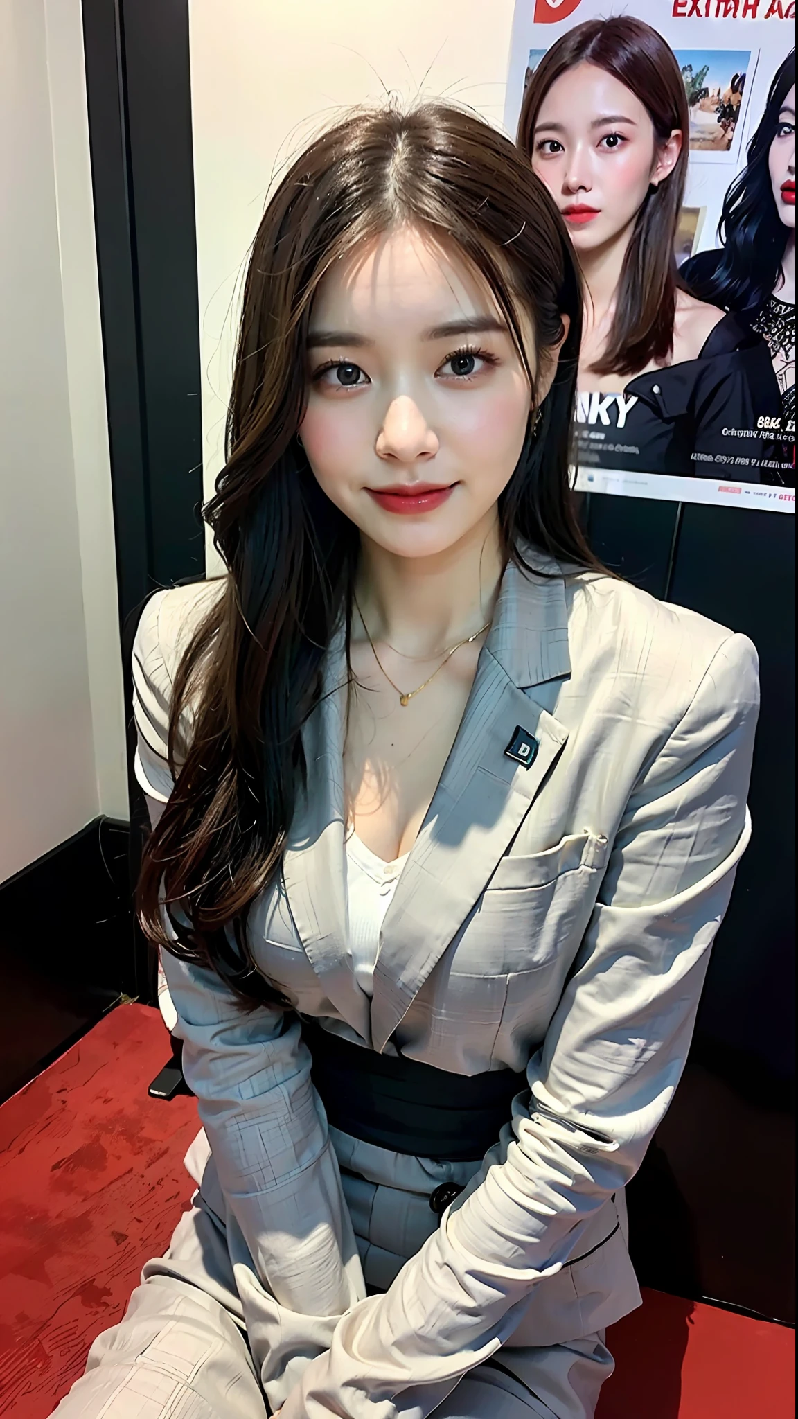(top-quality、8K、32K、masterpiece、nffsw:1.2)、Cute Japan pictures of married girls、a smile、Upper teeth、beauitful face、(Slouched:1.3)、crouching down、(From above:1.2)、(a closeup:1.4)、POV、large full breasts、(beautiful nipple slips:0.9)、Hotel room、the wind、shinny skin、blurry backround、(Front Focus)、(Dark: 1.6)、Fantasy Art、photoRealstic、Dynamic lighting、art stations、poster for、Volume Lighting、extra detailed face、4 k、Award-winning、deep-shadows、lowkey、(formal clothes:1.4)、long、