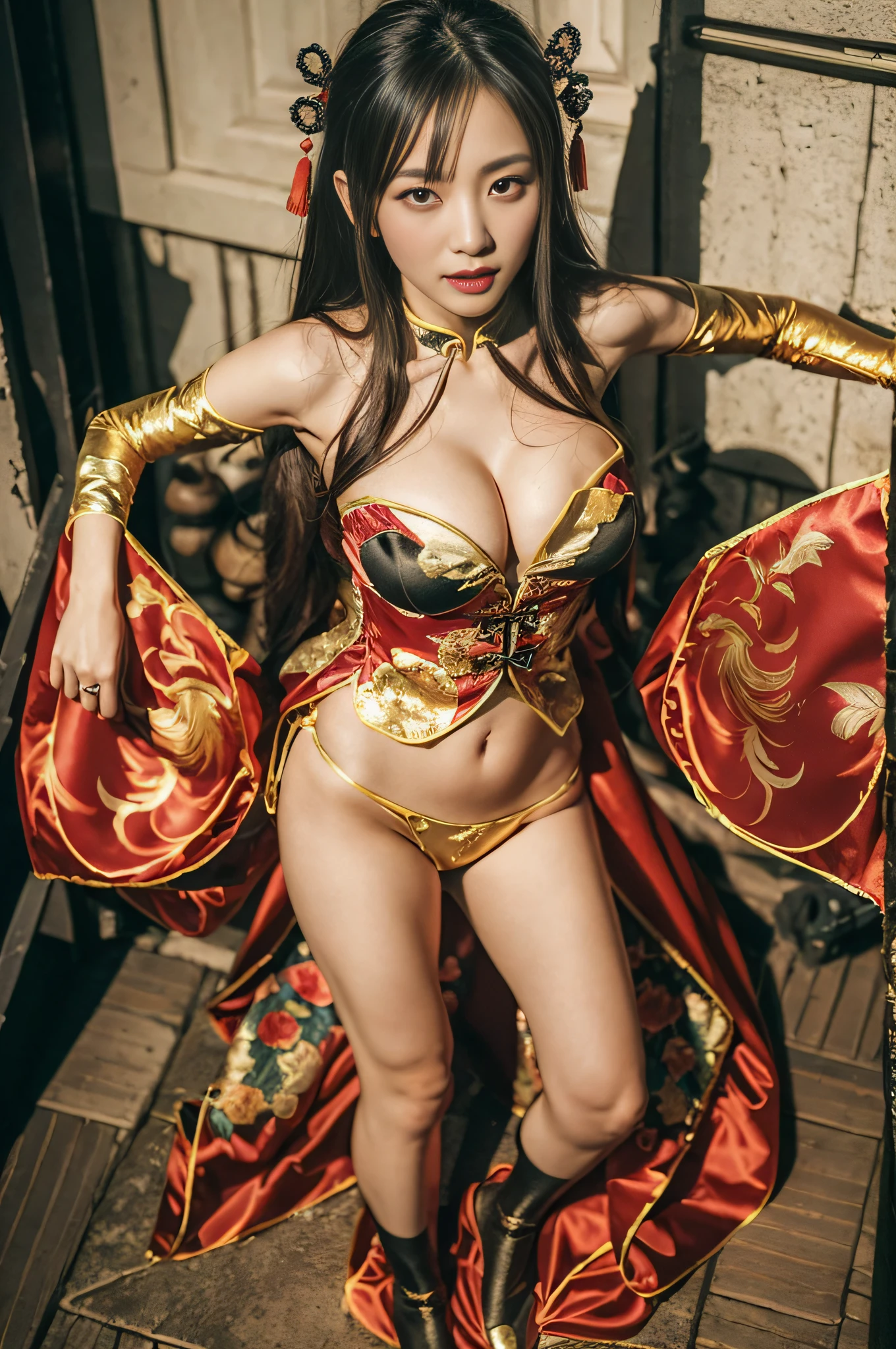(((long Traditional Chinese costumes))),(((view full body))),(((Show cleavage))),(((bare inner thigh)))、(((show side breast))),(((detached sleeves))),(((over-kneehighs))),ulzzang-6500-v1.1, (Raw photo:1.2), (Photorealsitic:1.4), a beautiful detailed girl, extremely detailed eye and face, beautiful detailed eyes, ultra-detailed, High resolution, top-quality, ​masterpiece, ighly detailed, 8k wallpaper, magnifica, finely detail, top-quality, Light on the face,电影灯光,1girl in,(Kowloon City),Beautiful eyes,smile,Opening Mouth