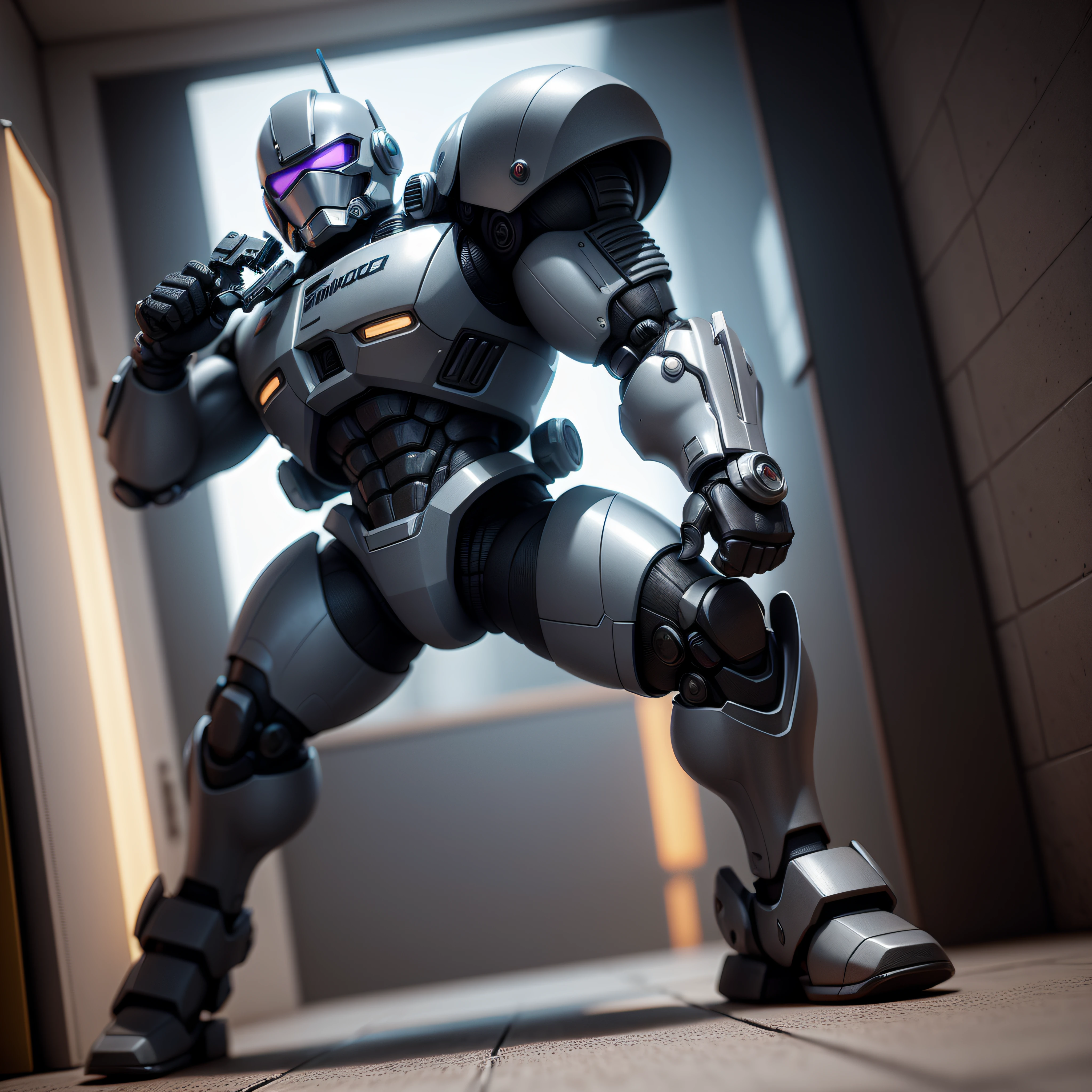 3D render of a funko pop collector figure from Robocop in a dynamic pose, with his arm pointing the gun forward and his helmet glowing in the artificial light