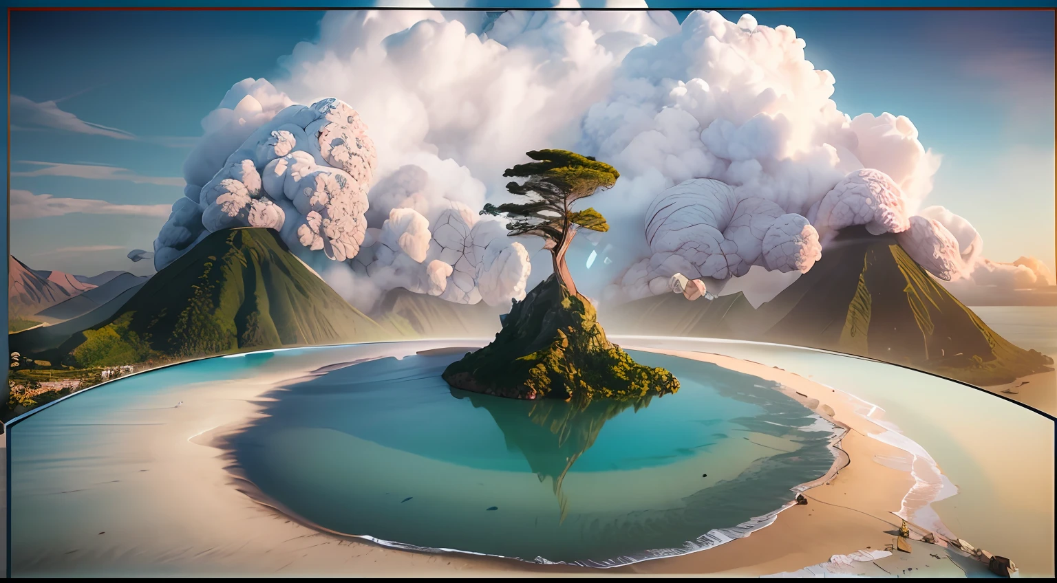 （Immersive lenses：1.4），（super wide shot：1.3），the ocean，Small island，The tree，（the setting sun），（（a volcano erupts：1.4）），（surrounded by cloud），(Photorealistic:1.4), (Masterpiece, side-lighting,), Photorealsitic， Solo, embarressed, (midriff),（super-fine），Detailed pubic hair，Accurate，（Works of masters），（best qualtiy），8K分辨率