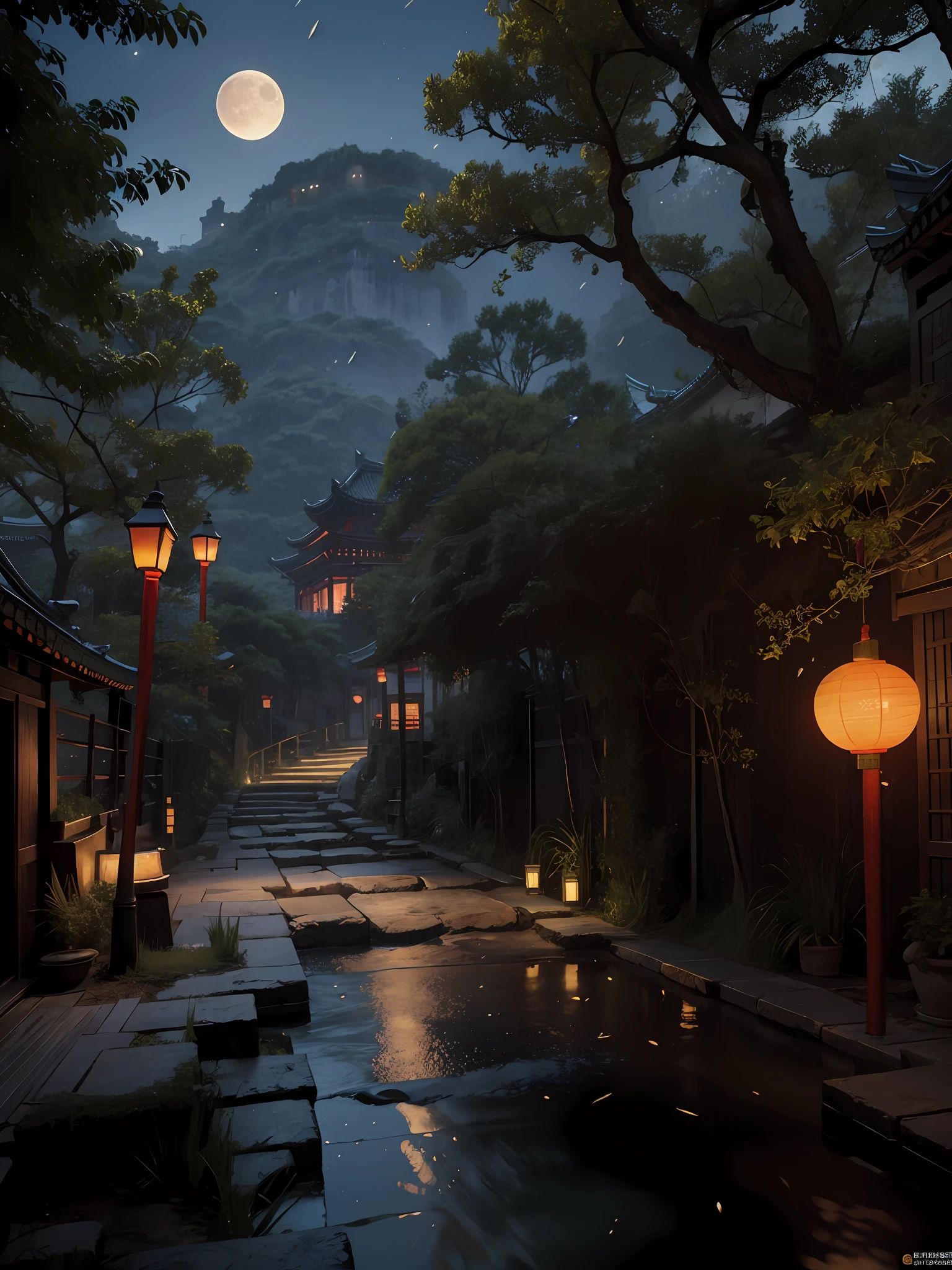 Official Art, Ancient China, Ancient Streets, (Lots of Fireflies), (Night), (Moon), Lights, Beautiful Landscapes, Epic Landscapes, Realistic Lights, Masterpiece, High Quality, Beautiful Graphics, High Detail , Global Illumination, Unreal Engine Rendering, Octane Rendering, (HDR: 1.3)
