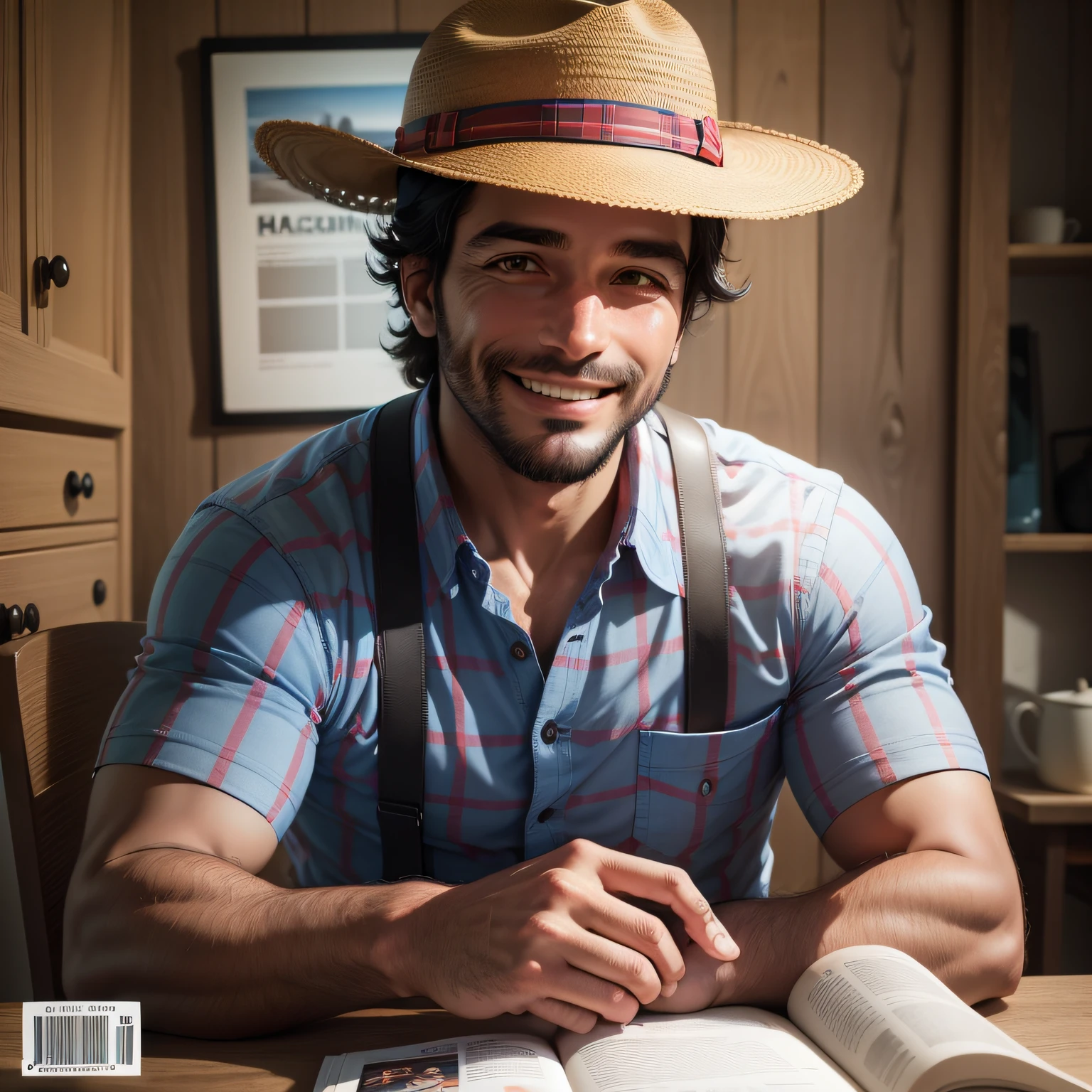 "criar retrato de um fazendeiro, segurando UM TABLET, PUT the title ON the COVER 'Rural Press' in the MAGAZINE." sorrindo, homem de 35 anos, wearing a blue and red checkered hat and shirt,