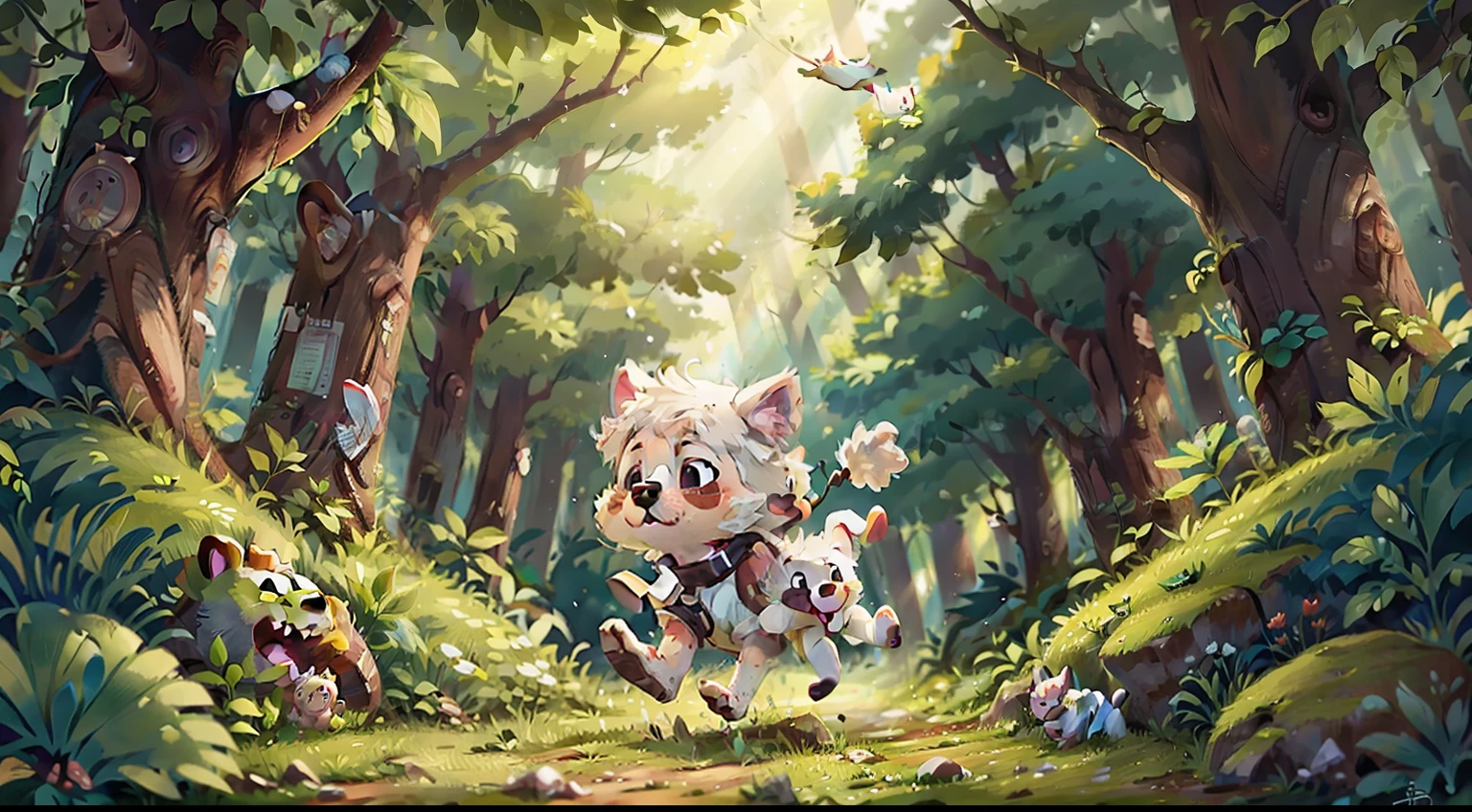 White puppy running through the forest