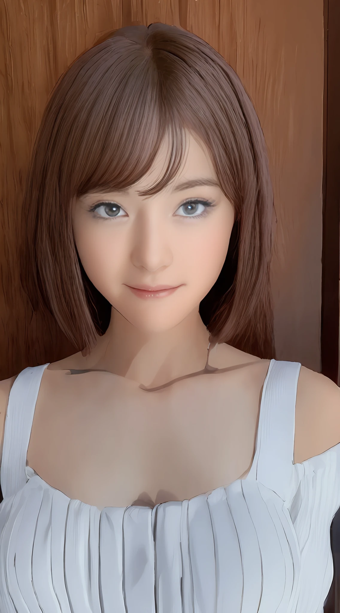 ((top-quality、8K、masterpiece:1.3))、20 years girl、Slim Abs Beauty:1.3、(Hairstyles Brown Hair Shortcuts、Colossal tits)、doress:1.1、Super fine face、Delicat eyes、二重まぶた、A smile with shame、Luxury Cabin、Raw photo、Provocative and sexy pose for seats