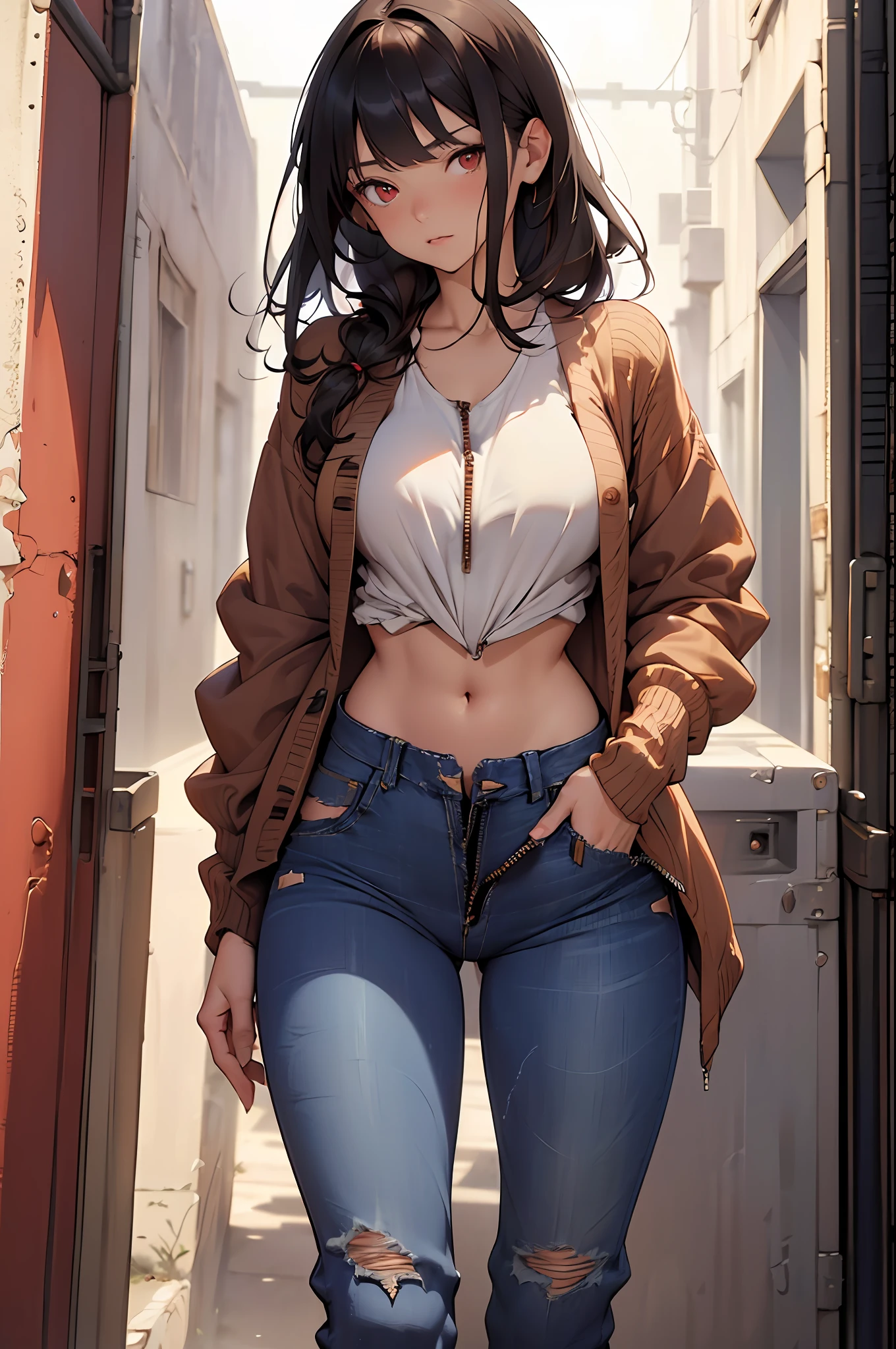 dedicate and beautiful girl,mature female,brown hair,bangs,choke,Long flowing hair,red eyes,((open cardigan)),partially bare breasts,sagging breasts,large breasts,breasts apart,Crop top,leverage,(low-rise jeans:1.4),(open jeans,totally unzipped jeans:1.4),(heavy pubic hair:1.4),hands in pockets,Half-off pants