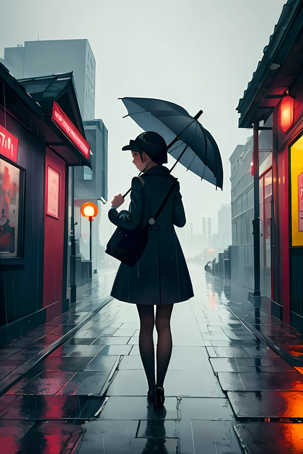 masterpiece,best quality,1girl, city,landscape,rain,umbrella,from behind