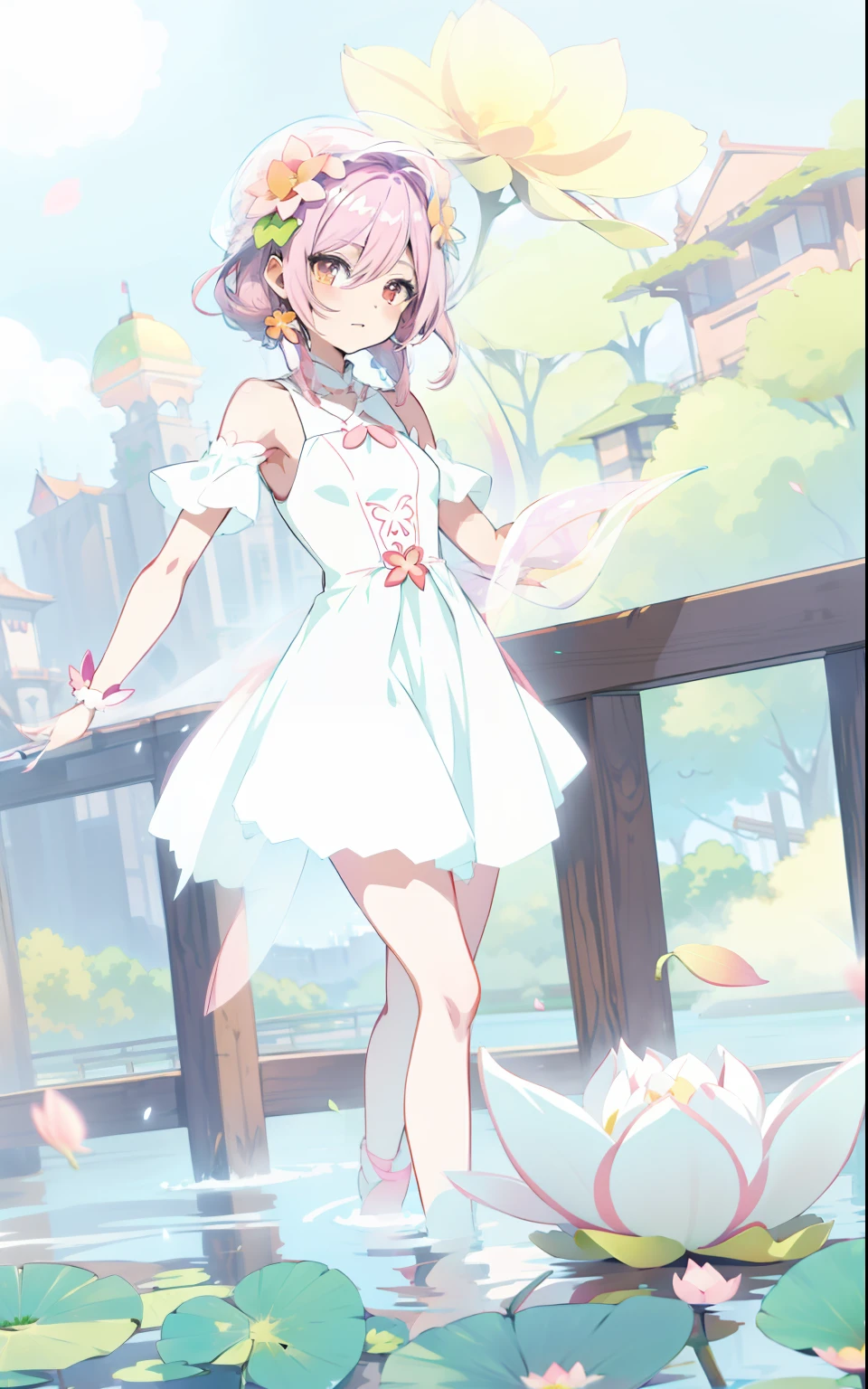 Anime girl with pink hair and white dress dancing on bridge,parasols,Lotus leaf,four-leaf clover,Buble, Soft anime illustration, made with anime painter studio, anime art style, Anime art style, Anime Stylization, clean artstyle, drawn in anime painter studio, High Quality Anime Art Style, In anime style, in an anime style, dreamy psychedelic anime, anime moe art style, flat anime style shading,Lotus leaf,four-leaf clover,Buble