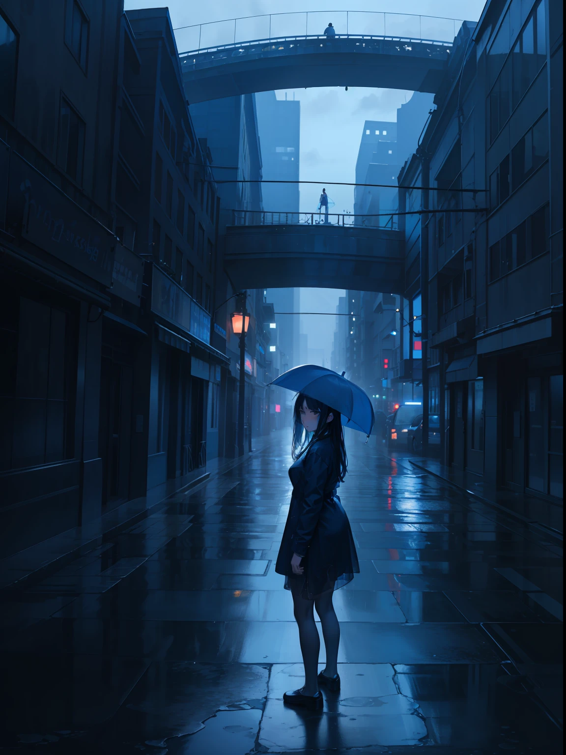 phblue, scenery, no humans, landscape,  (masterpiece,best quality:1.4), blue theme, city, dusk, 1girl, rain,cowboy shot, close up,