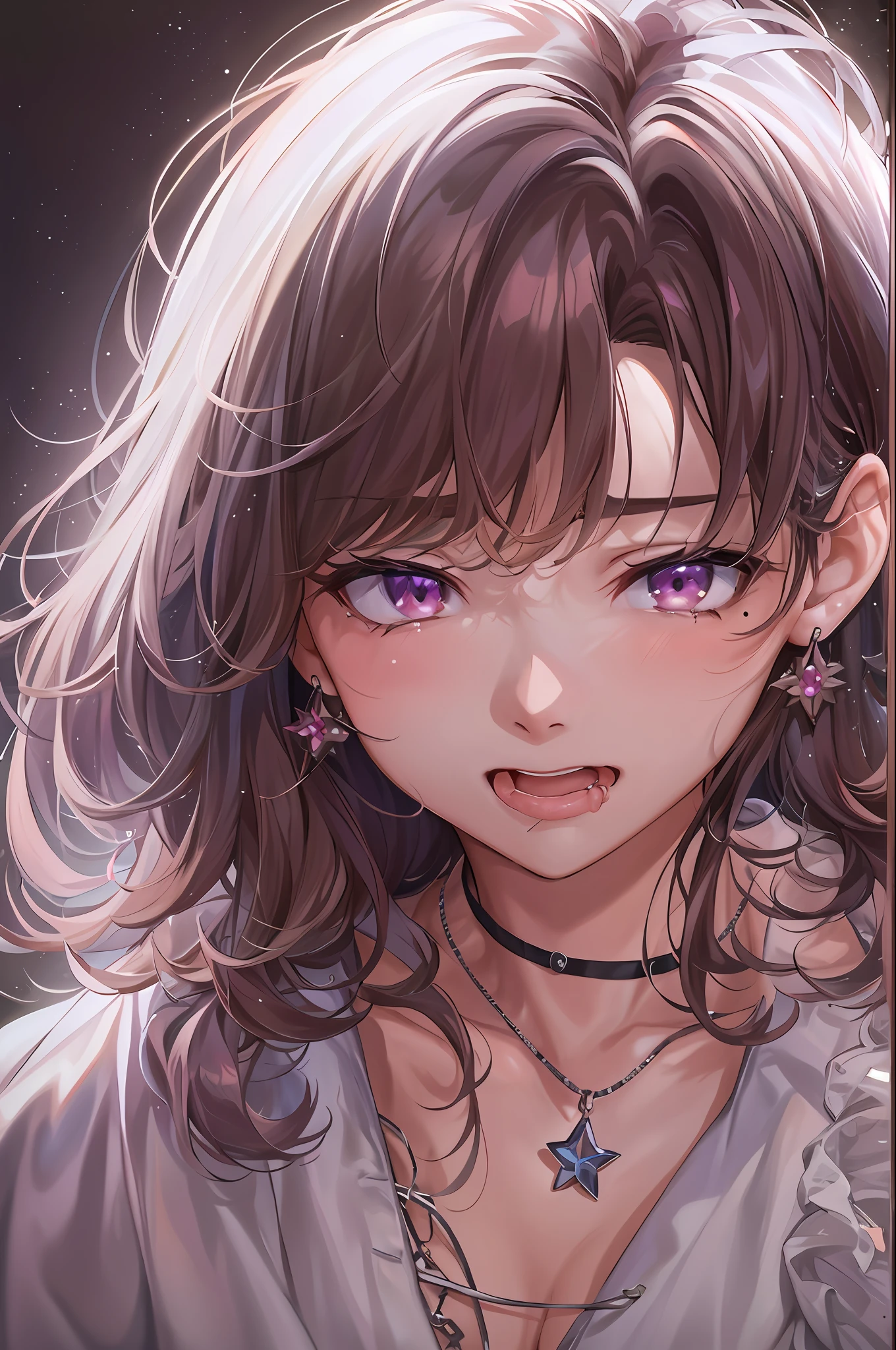 Top Quality, Hi-Res, 1girl, Madoka Higuchi, Brown hair, Moles under the eyes, Hair ornaments, Hair clips, Short hair, Bangs, Purple eyes, Idol, ,1girl fashion photo portrait, fluffy, short hair, in the dark, shadows, understated (photorealistic, raw photo: 1.2), hyper-realism (natural skin texture, realistic eye and face details), Soft Light, Rim Light, Ultra High Definition, 4K, Best Quality, Masterpiece, Necklace, (Cleavage: 0.8), Headband, Zoom in on Face, Image from Shoulder Up, Sad and Crying, Crying Loudly, Opening Mouth, Sticking Out Your Tongue, Chewing Something