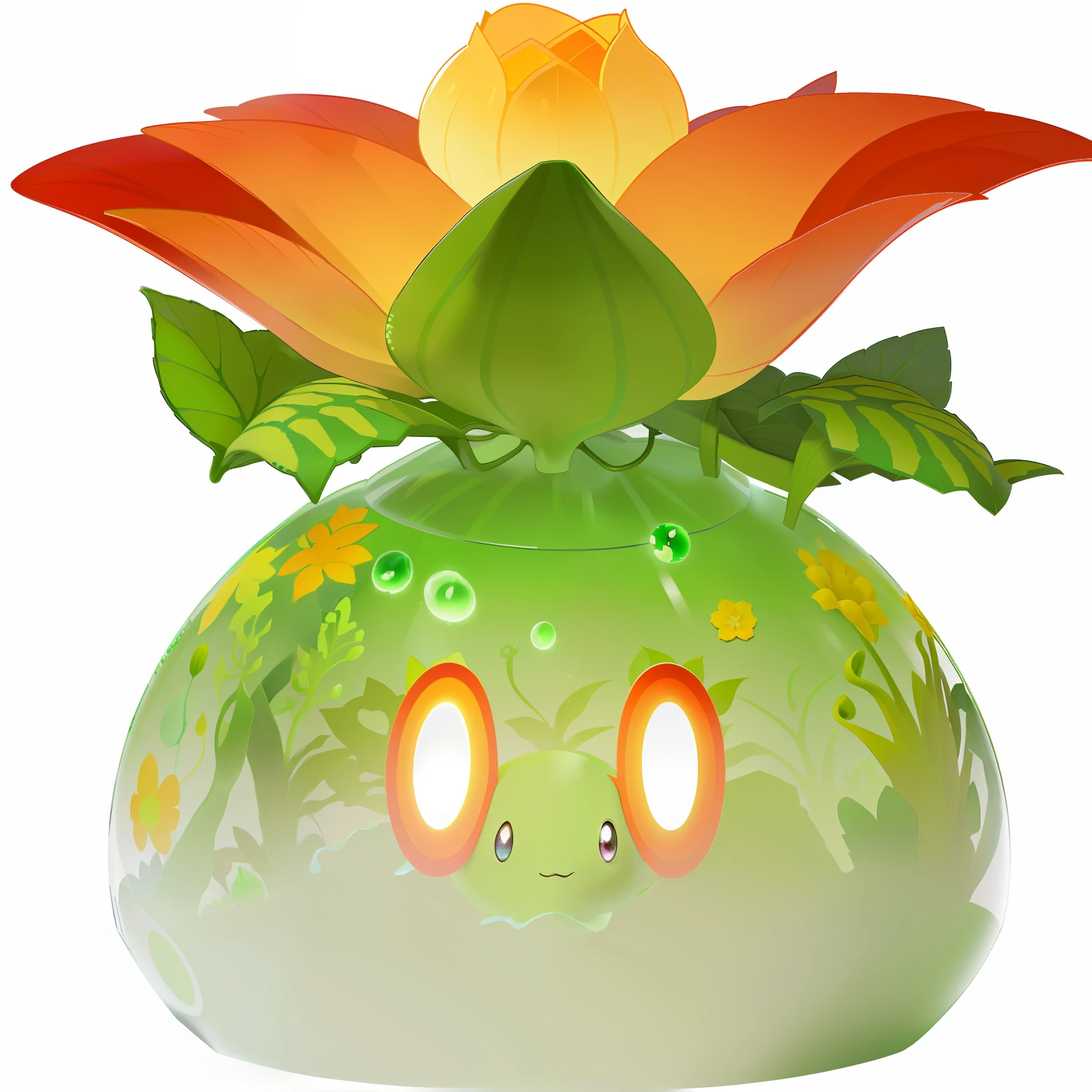 There is a green and orange flower on top of a green plant, Derretendo em Lilligant, um monstro vegetal, giant flower head, monstro da planta, alien plant, coberto com bolhas brilhantes, magical garden plant creatures, plant spirit, enorme planta de fantasia de chama, Flor, graphic of enchanted terrarium, alien flora, alien flower, conceptual mystery pokemon, brilhante, slime tipo planta genshin impact