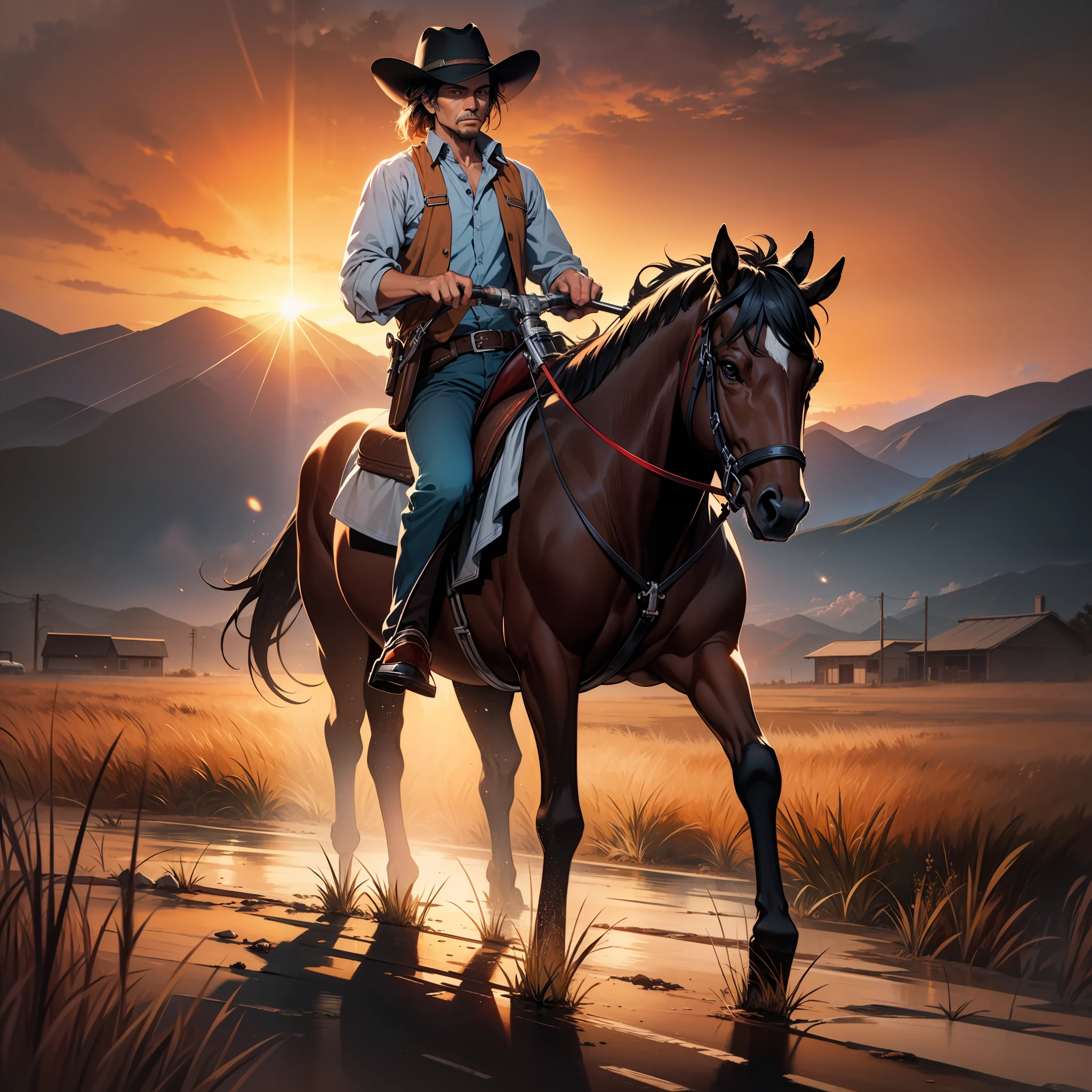 Red, dark red, light red, prairie wild west,oil painting of a lone cowboy riding in the distance with the sun setting behind him
