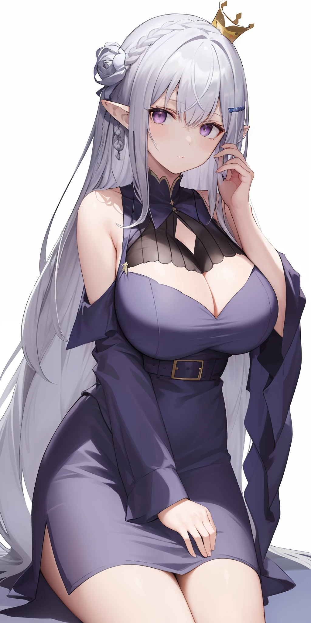 Best quality at best，highly  detailed，tmasterpiece，ultra - detailed，（fidelity：1.2），1个Giant Breast Girl，（white backgrounid），simple backgound，Elaborate Eyes，Silvery hair，a purple eye，hair_ornament，（white offshoulder shirt：1.3），Long hair，pointy ears，crown braid，face expressionless，hair straight，（++Sit Pose：1.2），huge tit，Photorealsitic