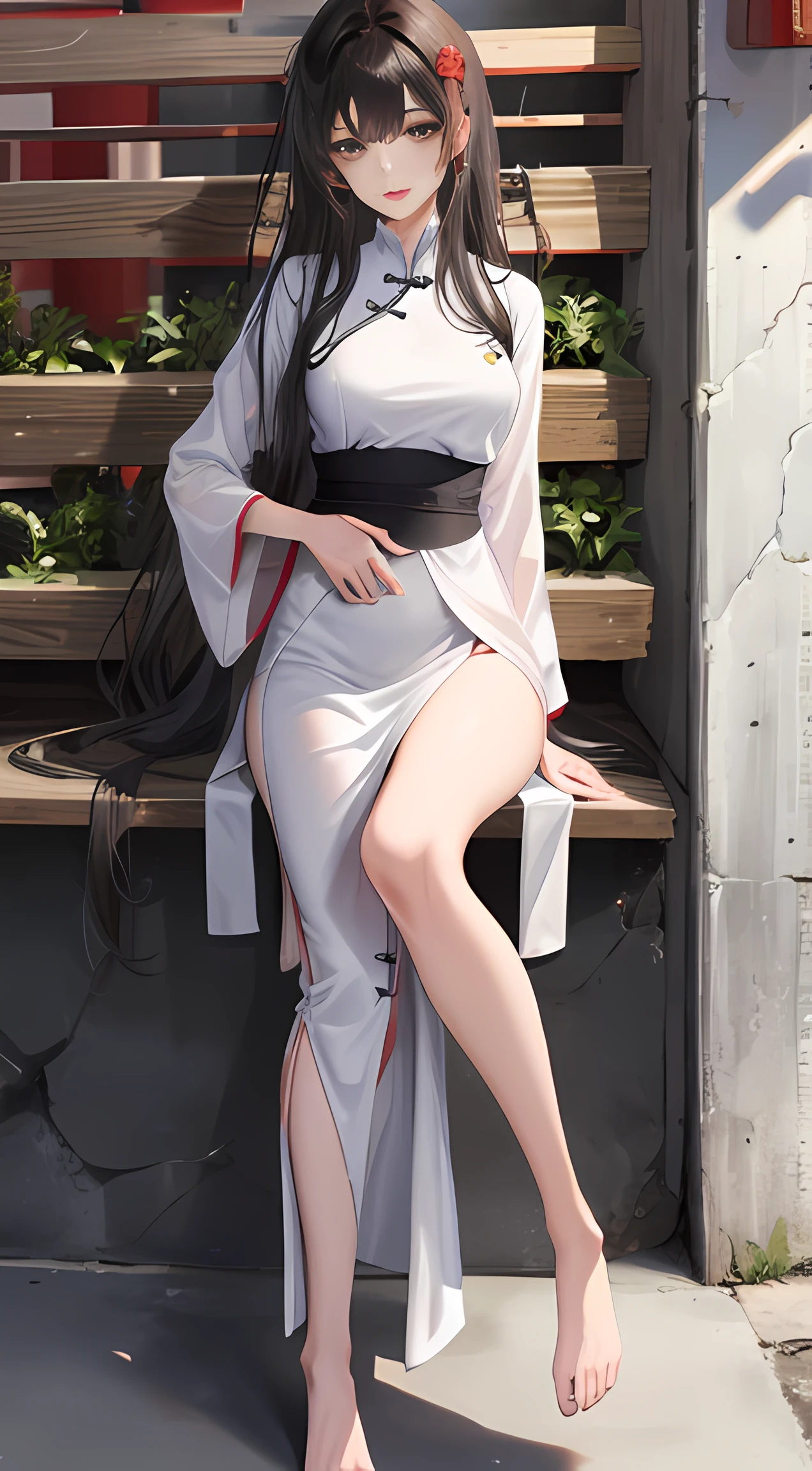 1 girl, Long hair, Black hair,(Wash feet with milk),China-style,asiagirl,Ancient wind,Bigchest, Thin waist, Red lips ,Game CG,Best quality ,8K