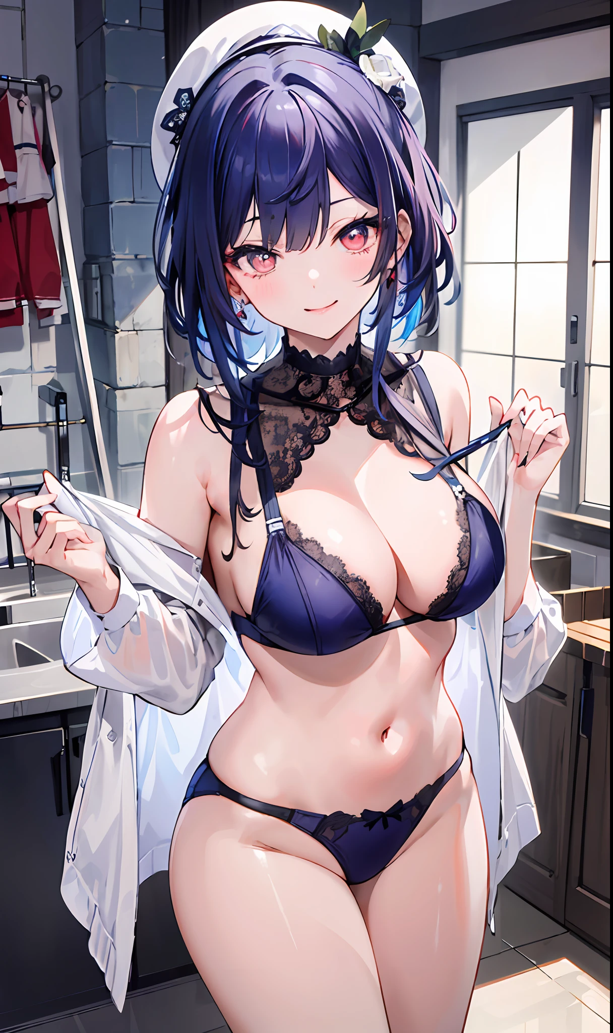 ((tmasterpiece,Need)),(1girll),（The color hair，The main body is black，Partially red，Partially blue）White lace underwear，Bigchest(plumw),Slim,ssmile,big breasts exposed cleavage，seductiv，Flushed complexion，Charming，（torn laundry：1.5）