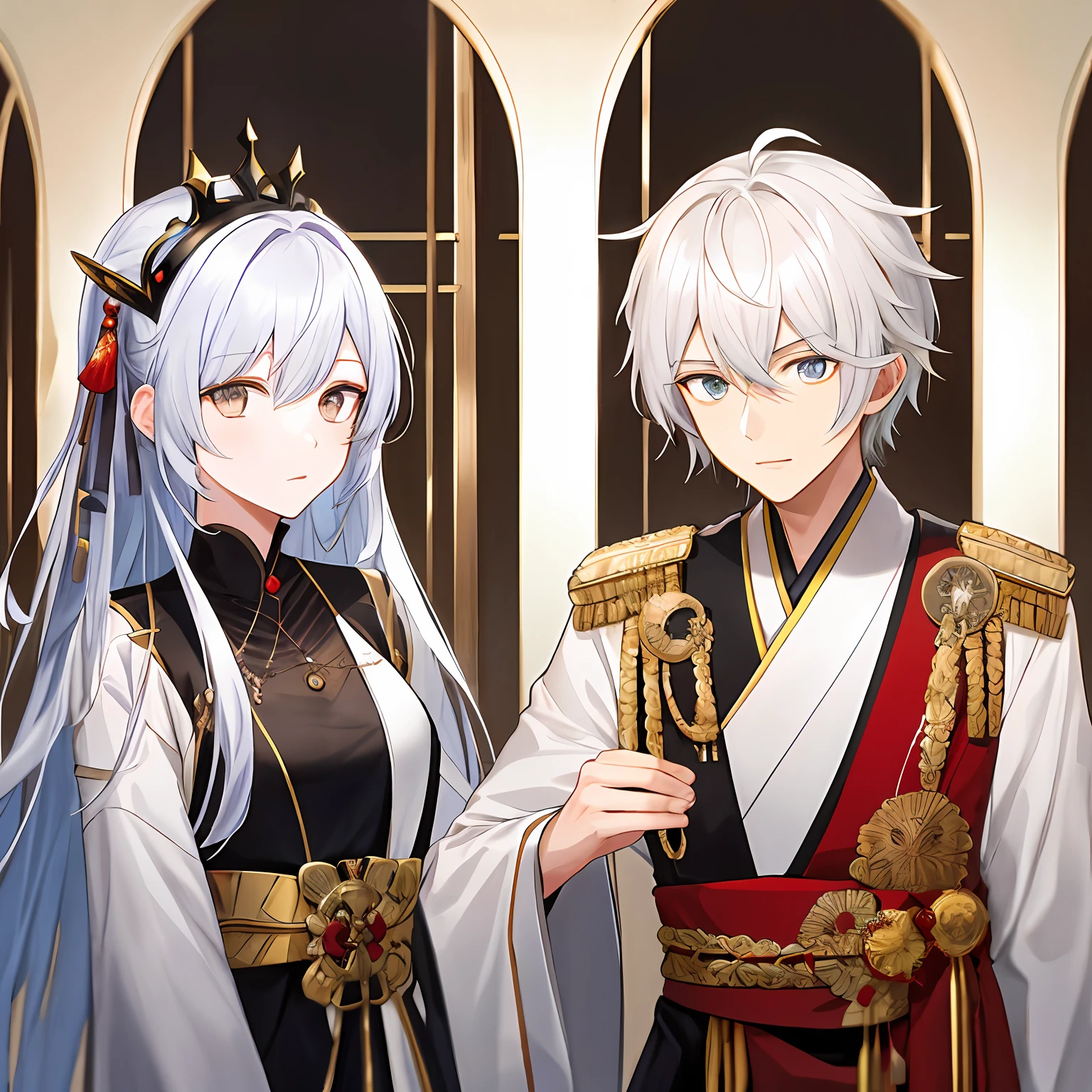 Uncrowned emperor with white hair，The face is neither male nor female，Wearing a silver and white dress，Koshi 2 Yonedachi