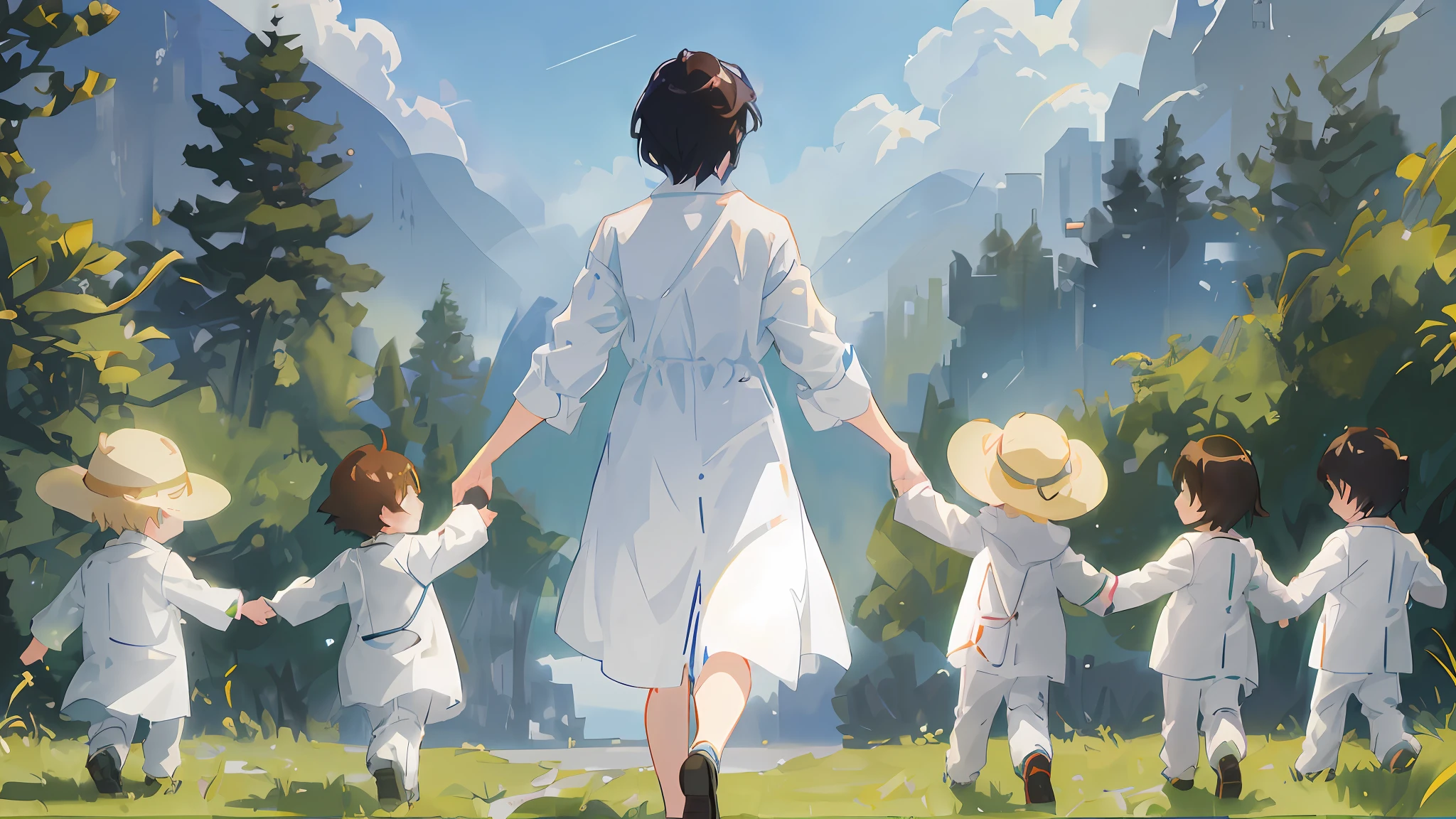 An anime scene of a female doctor with short hair and a group of children dressed as doctors walking in a field, High precision，comic strip，illustration，makoto shinkai art style, Shinkai Makoto style, ( ( Makoto Shinkai ) ), in the style of makoto shinkai, Makoto Shinkai's style, Makoto Shinkai!, Makoto Shinkai!!