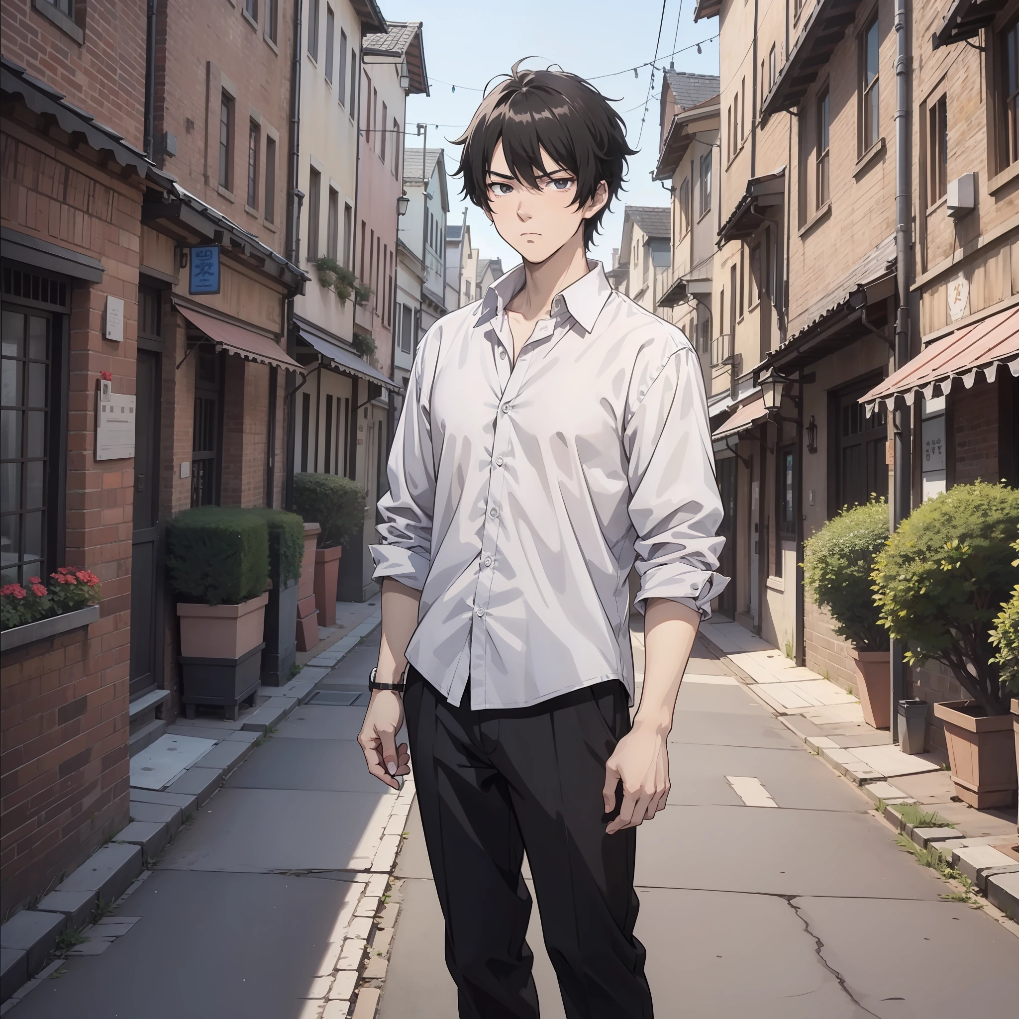 One wearing a white shirt,A 20-year-old man with short black hair stands in front of the village(Frown 1.5)(Serious expression 1.5)(The background is the village top 1.5)style of anime4 K,Anime rendering,style of anime。8K,Handsome anime face(Full body display 1.5)(Handsome man 1.3)(Cinematic lighting 1.5)(Master masterpieces:1.4)(Ultra-high detail1.5)(Best quality1.5