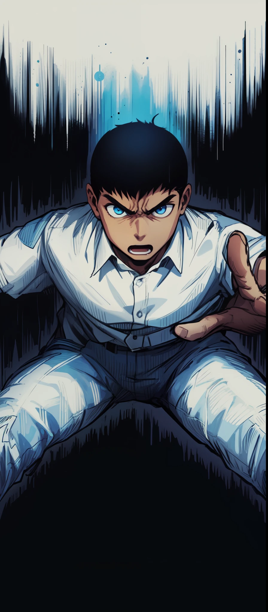 a anime of a man close up, open mouth, angry, mad, atmosphere, gravity pressure, Caesar Cut hair, blue eyes, short hair, black hair color, white shirt, blue pants, text manga, color manga, manga color, color manga, color manga panel, simple background, a black background