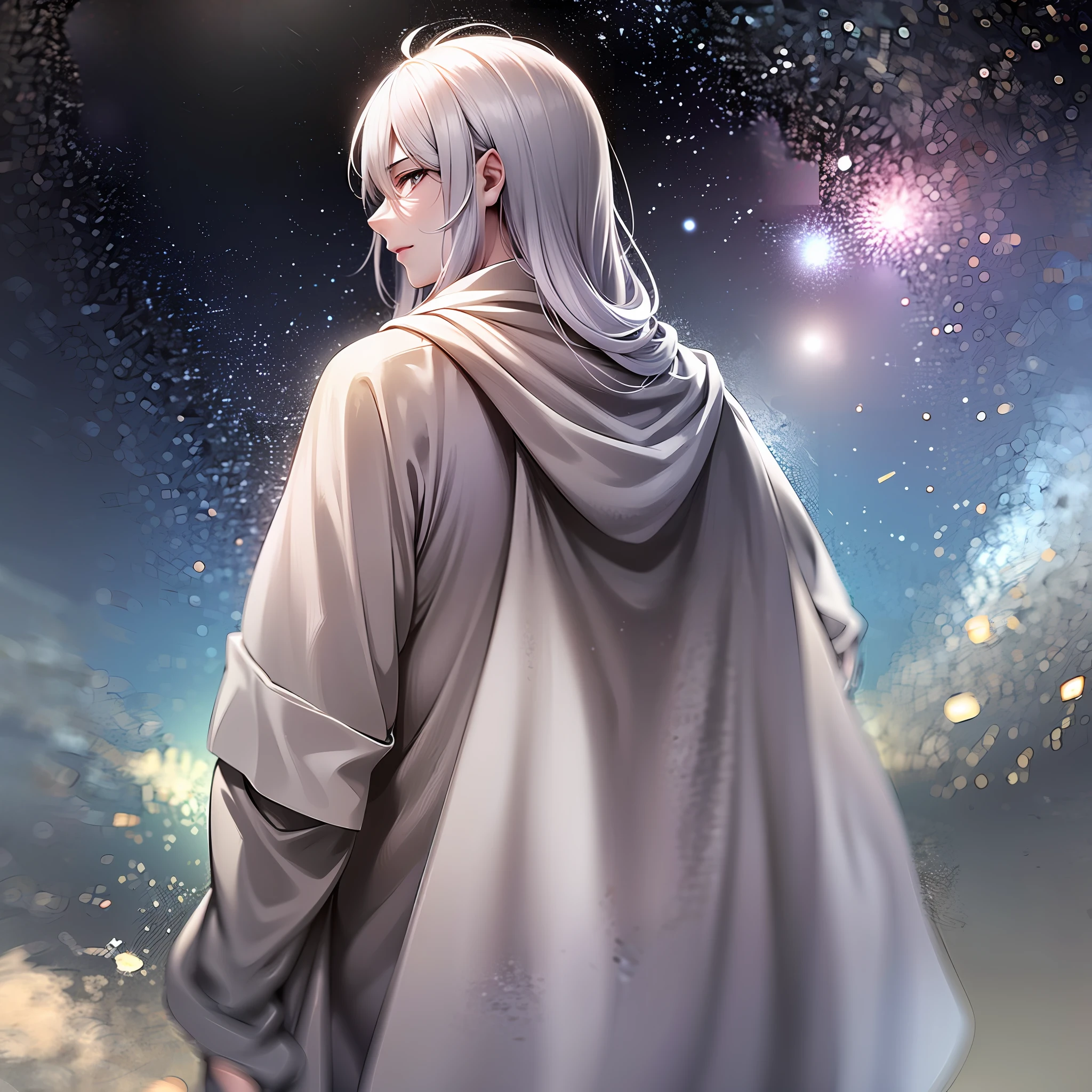 1boys,He has long white hair,He wears a white robe,He turned his back to the audience and looked at the vast starry sky,meteors