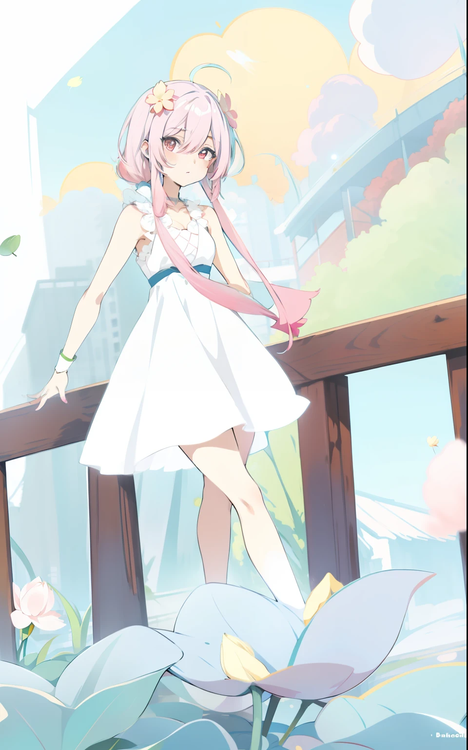 Anime girl with pink hair and white dress dancing on bridge，parasols，Lotus leaf，four-leaf clover，Buble, Soft anime illustration, made with anime painter studio, anime art style, Anime art style, Anime Stylization, clean artstyle, drawn in anime painter studio, High Quality Anime Art Style, In anime style, in an anime style, dreamy psychedelic anime, anime moe art style, flat anime style shading，Lotus leaf，four-leaf clover，Buble