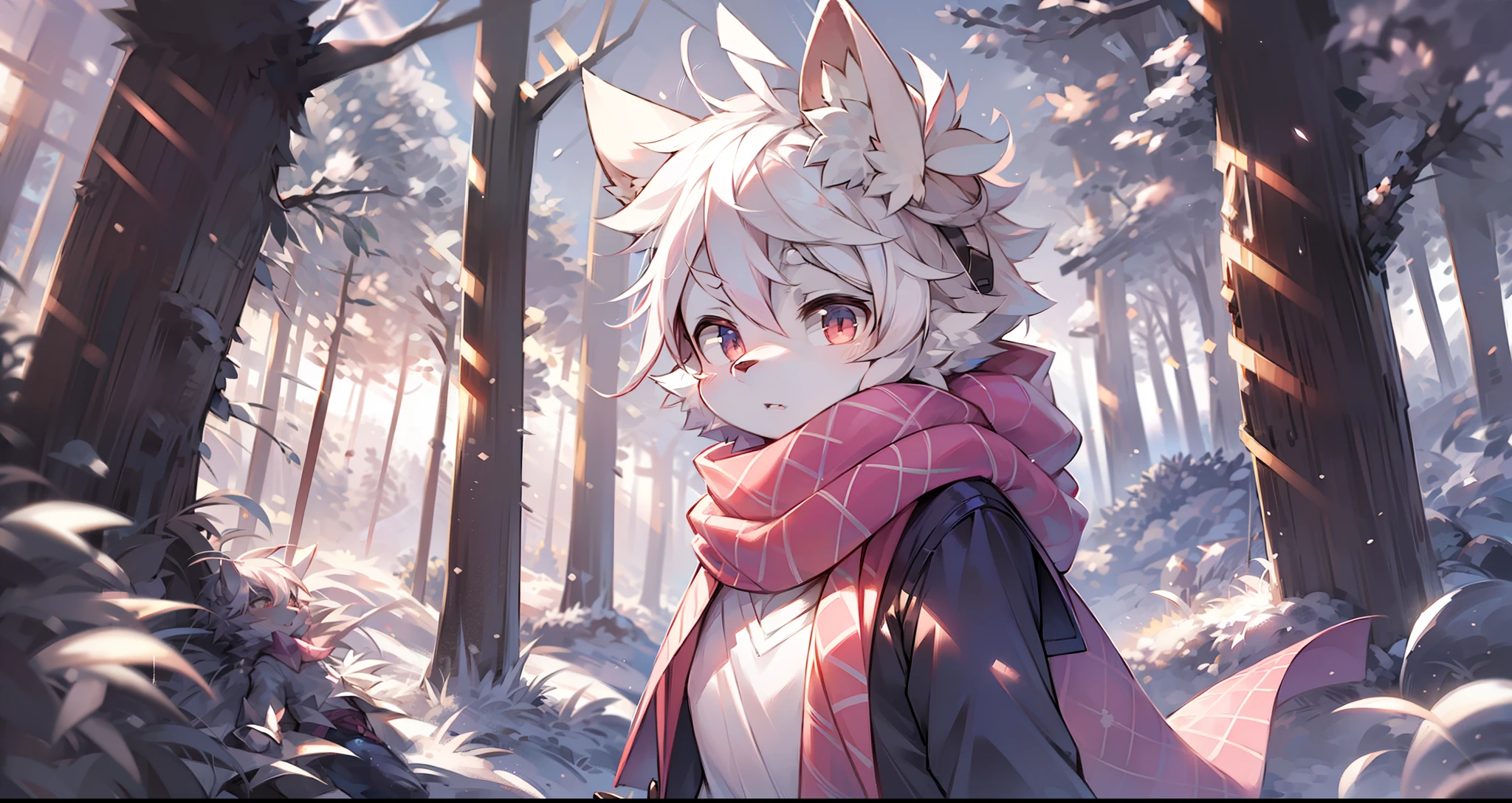 A wolf,(((Shota))),((Pink and white hair)),(Wearing a pink scarf),((Surrounded by snowy scenery in the early morning)),(llight rays),((Extreme light and shadow))