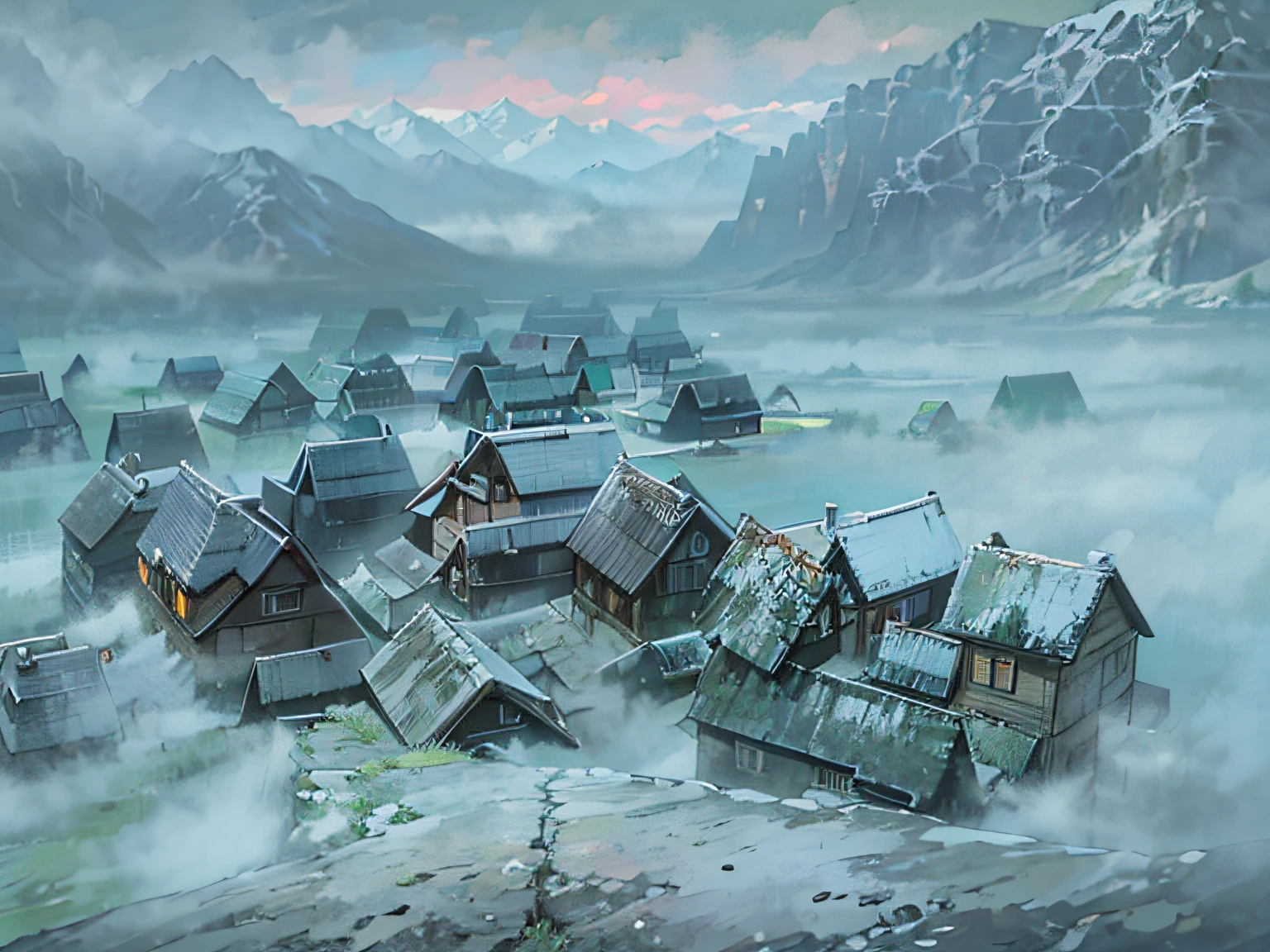 Ghost town within the Arctic Circle,The town is surrounded by vast ice fields,The building is old and unique,Gothic fusion,Tudor and Victorian elements,It exudes a mysterious and eerie atmosphere,The town is covered in snow and ice all year round,The fog is heavy,Deep in the ice field there is an ancient ruin,Faraway view,From the top of the mountain, you can see many houses and ice fields of the town,Surrounded by mountains on all sides,Foggy and snowy weather