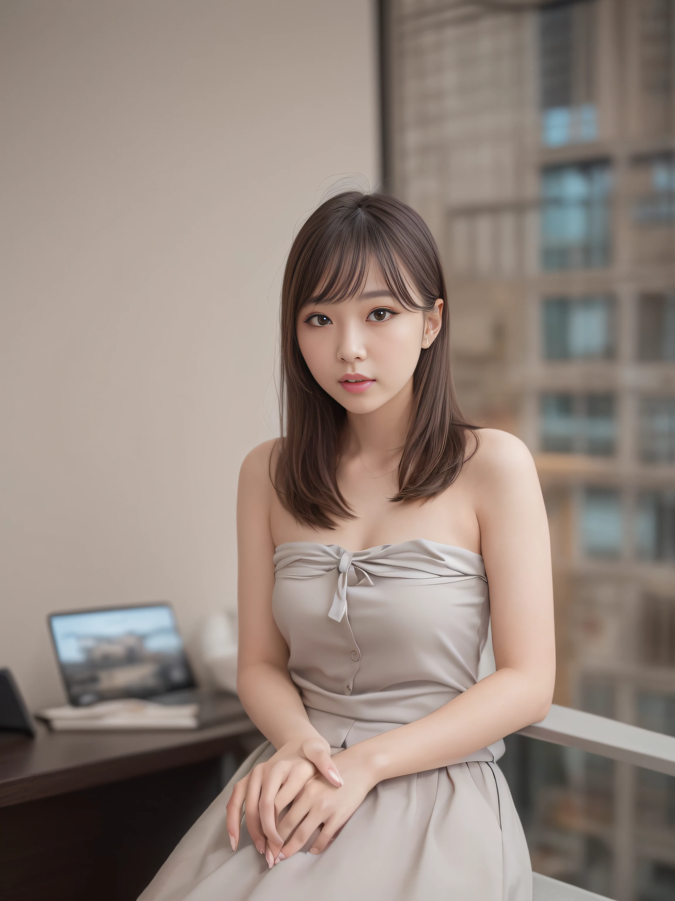 (top-quality、Top image quality、超A high resolution)、(Raw photo、Photorealsitic:1.4)、(flat breast、small tits：1.5)、Ultra-detailed and beautiful skin、Super detailed and beautiful face、One Woman、Marunouchi Office、blouse、a miniskirt、