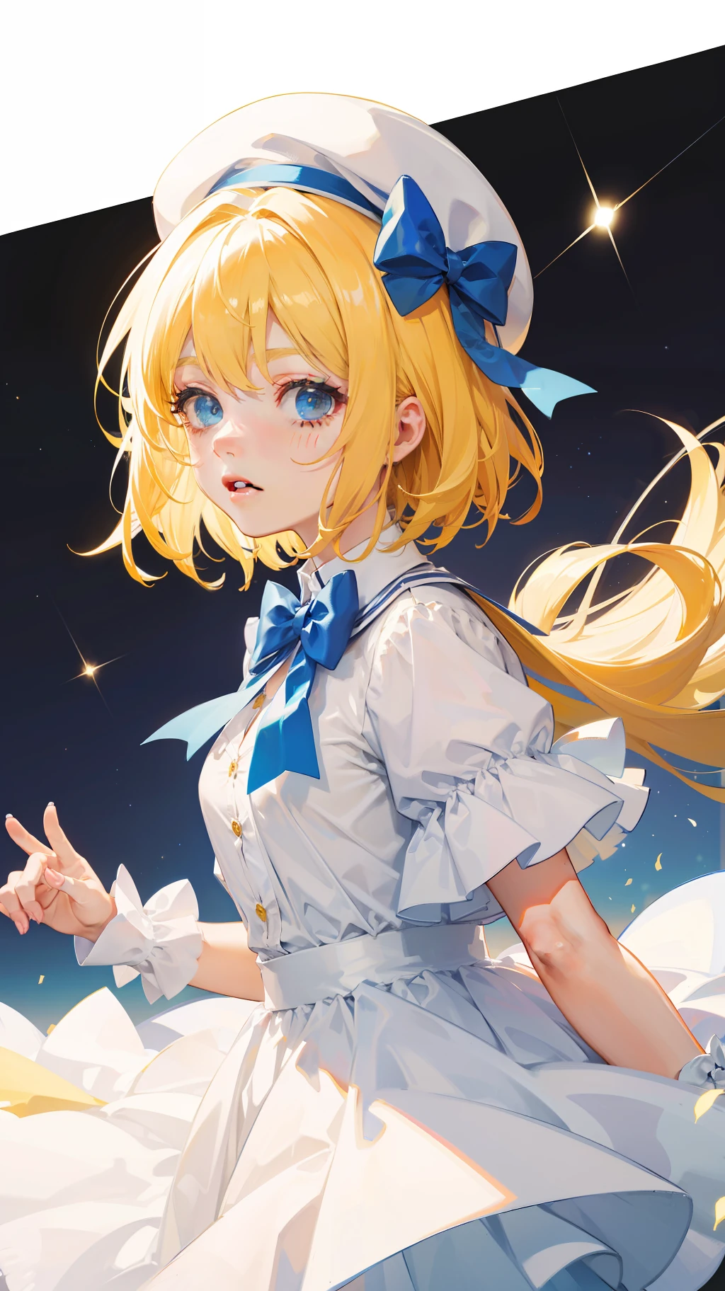 Yellow-haired，white dresses，eBlue eyes，star accessories，Blue bow tie，white beret（It has a blue bow on it），starryskybackground，meteors，4K