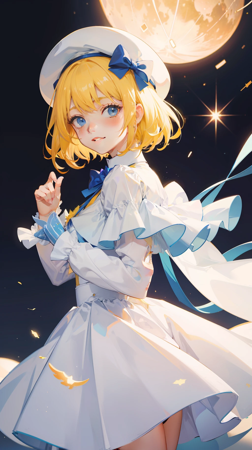 Yellow-haired,white dresses,eBlue eyes,star accessories,Blue bow tie,white beret(It has a blue bow on it),starryskybackground,meteors,4K