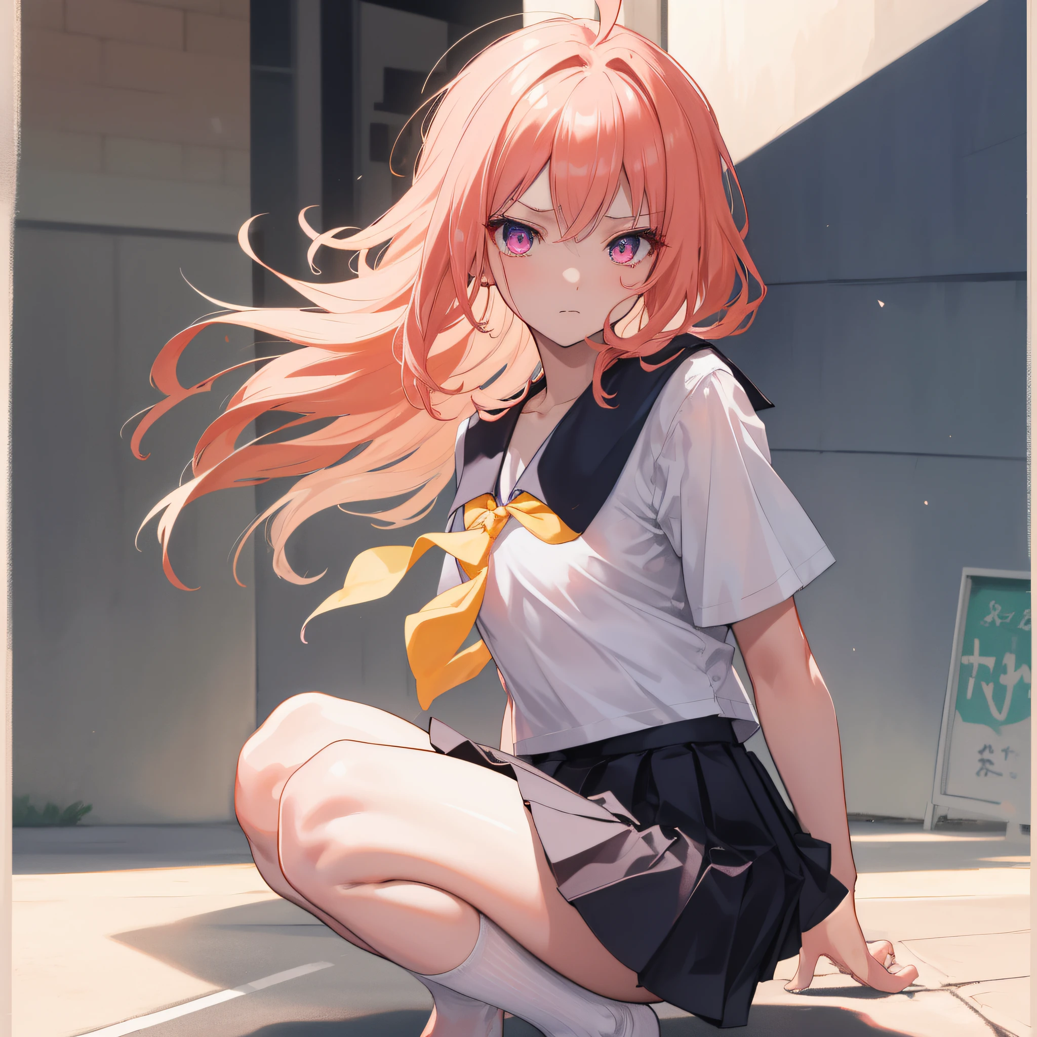 (tmasterpiece), ((best qualtiy)), (super detailing), 1 rapariga, peach-colored hair, small, short, Straight length, ahoge, the street, squatt, 14 years old, 校服, a skirt, seraphuk, Neckpa, Sailor Color, pleatedskirt, blue skirts, short- sleeved, The shirt, white shirt, Blue sailor color, Blue Neckpa, By bangs, scowling, a pink eyes, perfect hand,Barefoot, Hand details, Modified finger.耳Nipple Ring,looking_at_viewer,high high quality,rich details,perfect image quality,