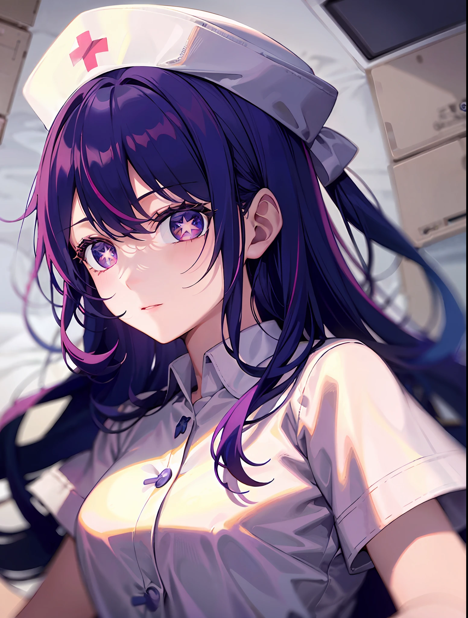 one-girl,nurses((There is a five-pointed star in the eye))Gorgeous Hair in Long Purple,nurses,hospitals,White nurse clothes,White nurse hat,