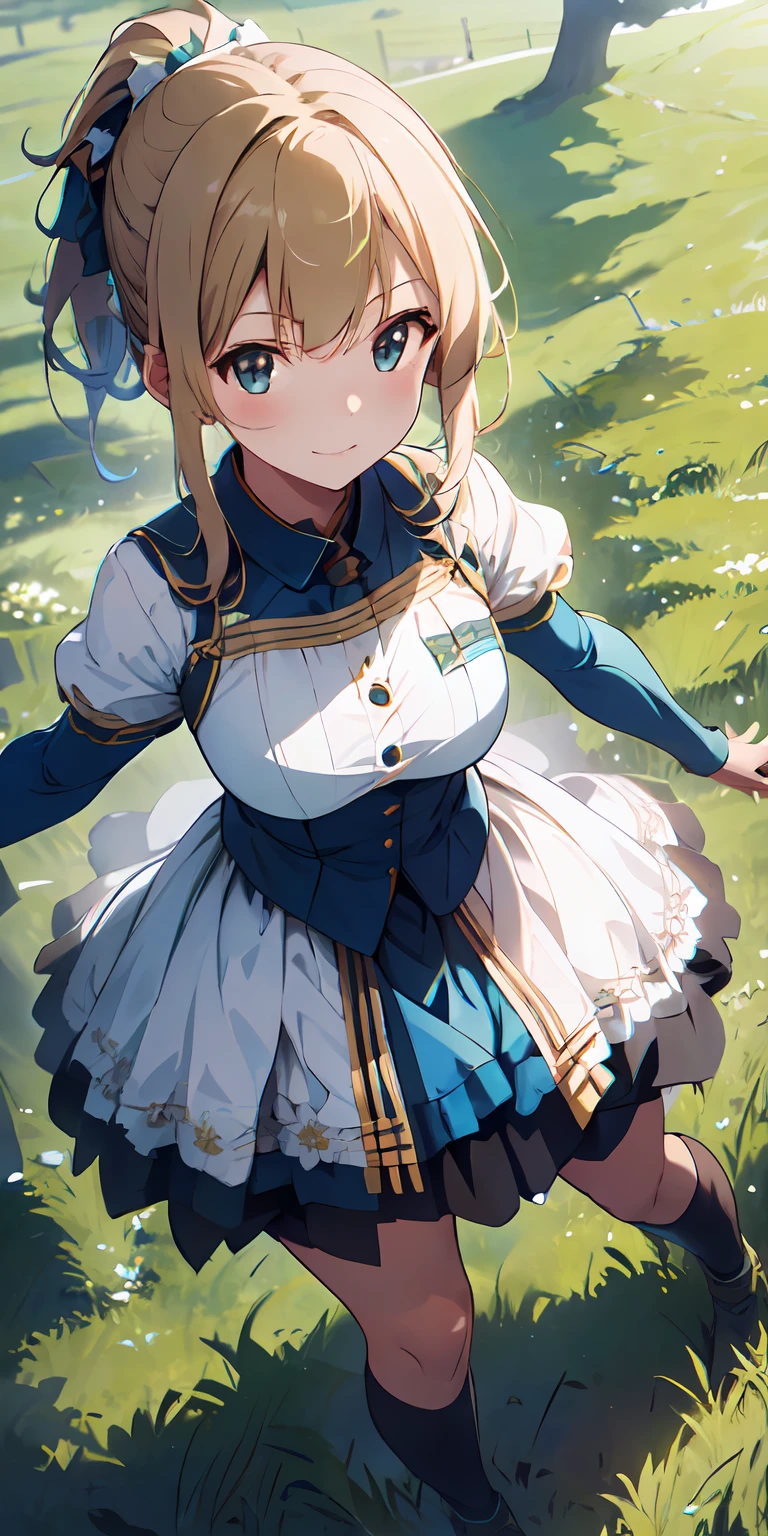grassy fields, A high resolution, (巨作:1.4), A highly detailed, 1girll, From above, space, ride horse, Bright light armor, Sharp focus, (Cinematic lighting), (1girll), Slight smile,The 5 fingers of each hand are super detailed,