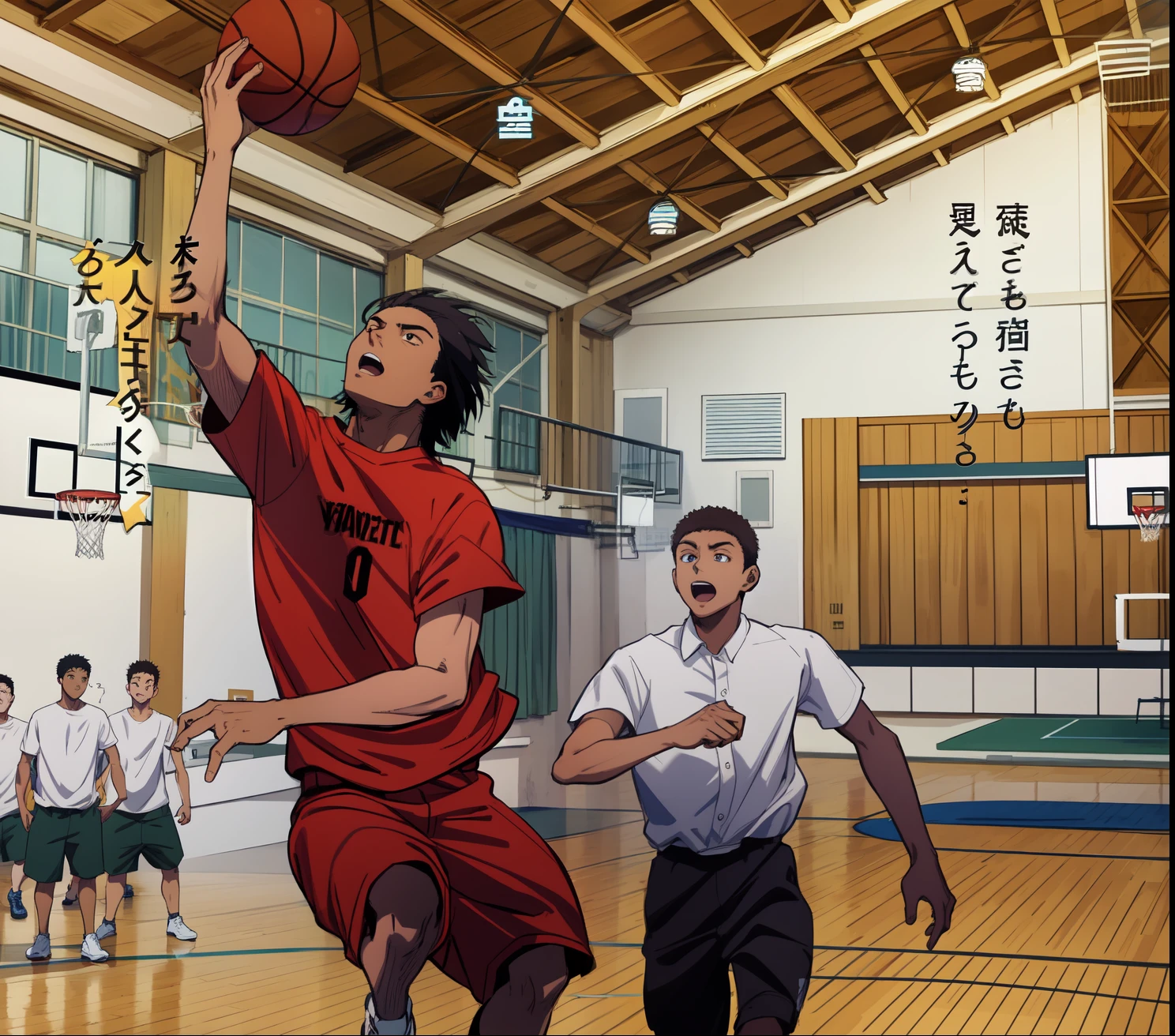 (HD), (masterpiece), (best quality), a anime of a boys manga, playing basketball, text bubble speech, in the basketball practice room, color manga, manga color, color manga, color manga panel, simple background