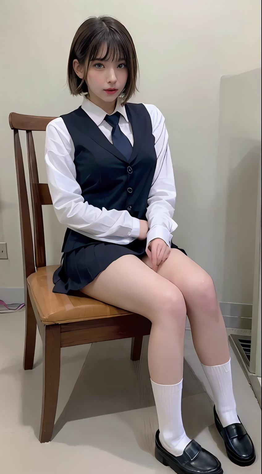 Top quality, Photorealistic, 8K, high resolution, 1 girl, Female, (Medium breasts: 1.8), girl, Visible nipple, No panties, Boldly pulling up a long skirt, ((sit on chair,legs are open)), Bend knees and open legs, a slightly short hairstyle, (loose socks:1.087),((Loafer shoes)).