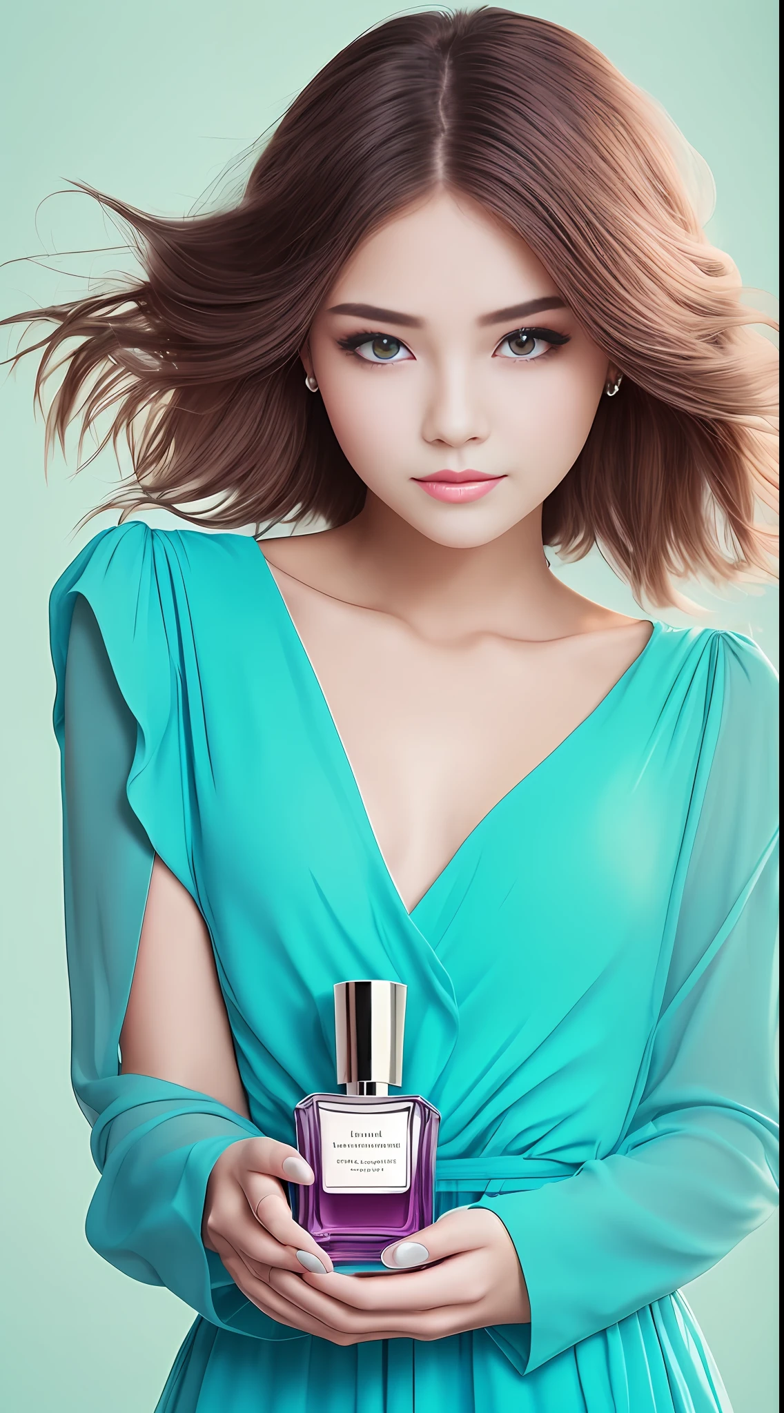 Turquoise background，fashionable girl，Real human emotions，The light sensation is intense，Light luxury, Simple and clean，Turquoise theme，cosmetics，perfume，Not too much per sheet，best qualityer --auto