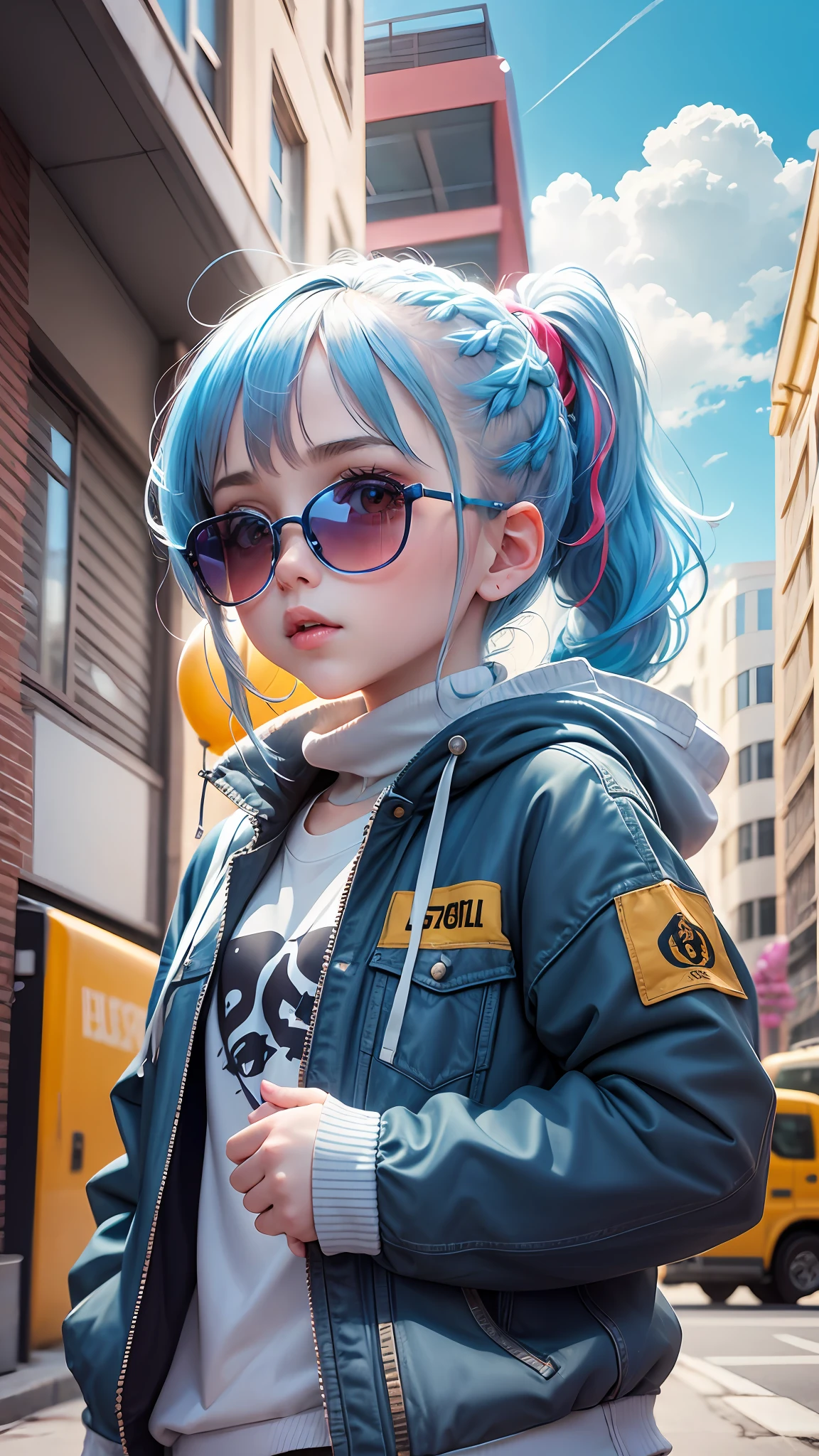 Loli girl, beautiful and cute, wearing blue sunglasses, yellow jacket, white sweatshirt, lots of colorful balloons, baby face, chibi style, red and blue two-color hair, ponytail braided hair, perfect detail eyes, delicate face, perfect CG, HD picture quality, colorful balloons, sky, a white truck parked in front of a building, --auto --s2