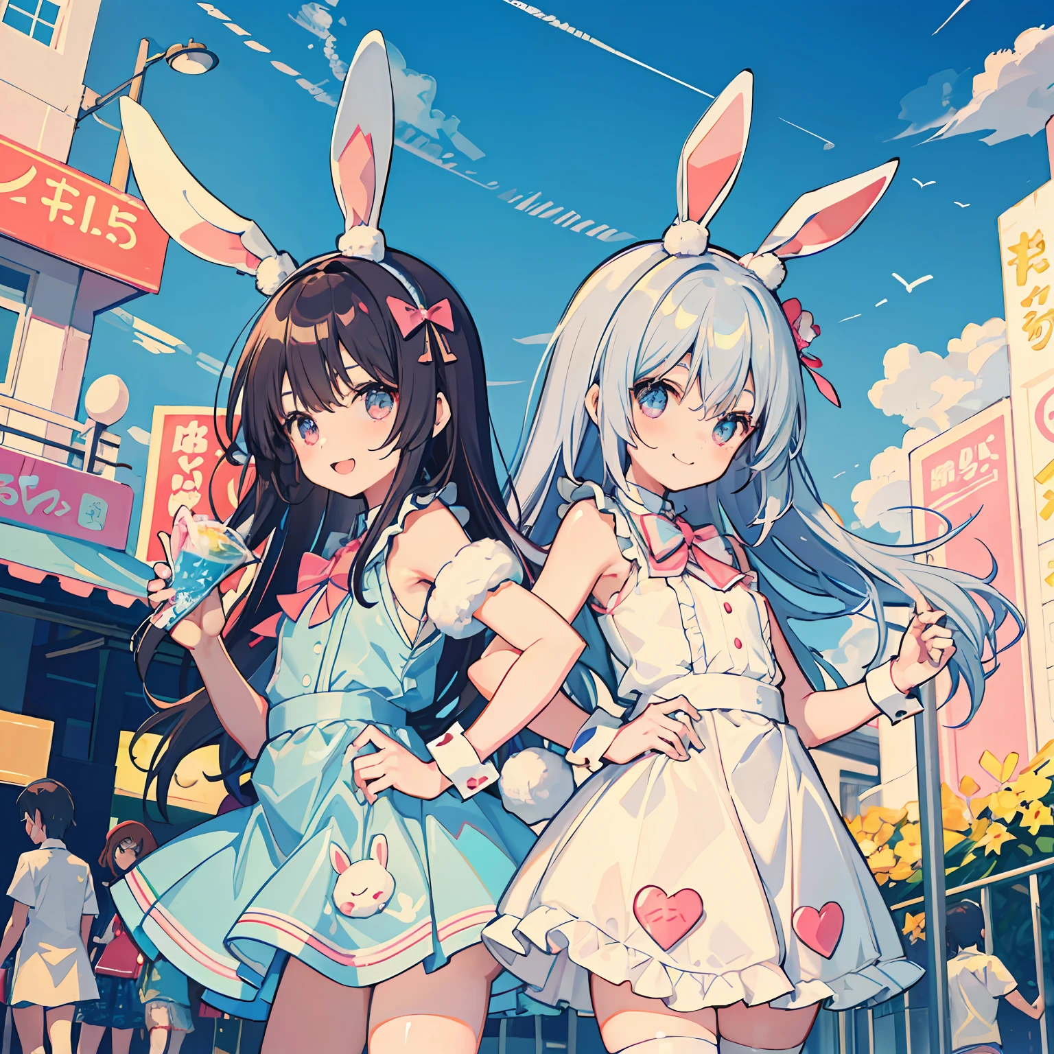 (unbelievable Ridiculous:1.1), Cute little sister and sister with rabbit ears,tchibi comical An amusement park A smile