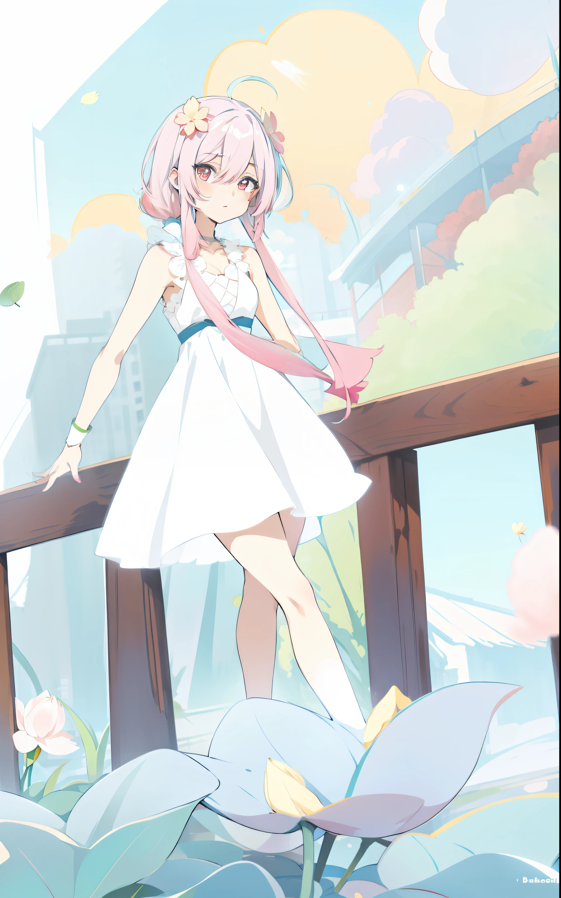 Anime girl with pink hair and white dress dancing on bridge，parasols，Lotus leaf，four-leaf clover，Buble, Soft anime illustration, made with anime painter studio, anime art style, Anime art style, Anime Stylization, clean artstyle, drawn in anime painter studio, High Quality Anime Art Style, In anime style, in an anime style, dreamy psychedelic anime, anime moe art style, flat anime style shading，Lotus leaf，four-leaf clover，Buble