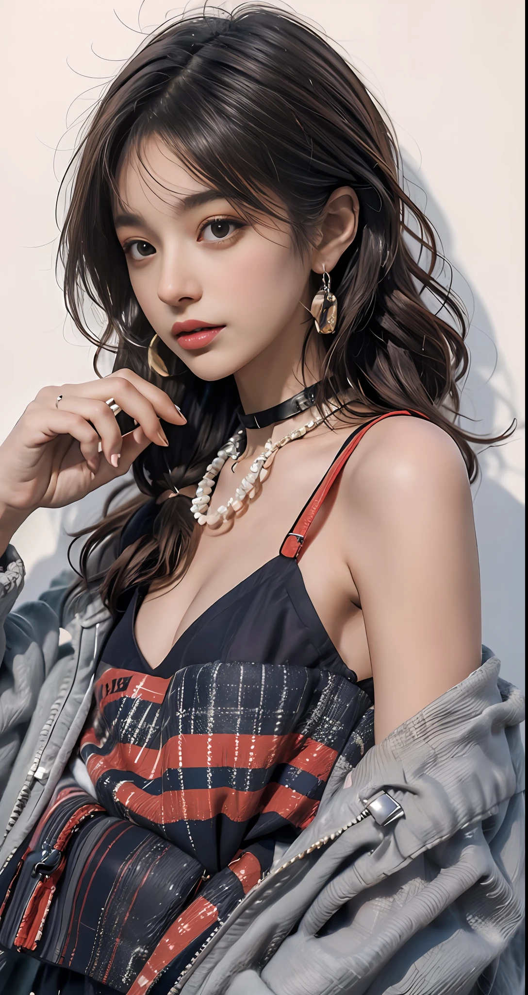 Kizi, japanese streetwear, 耳Nipple Ring，choker necklace，simple backgound，A sexy pose，Trend illustration，7 points，Master masterpieces，HighestQuali，Super meticulous，